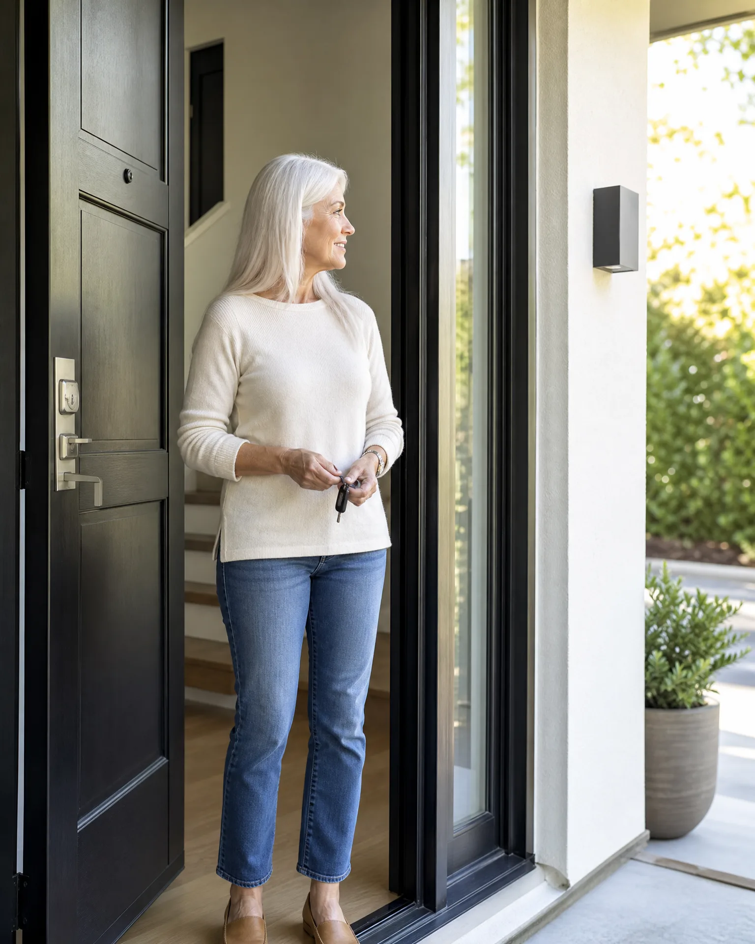 A woman with long white hair in a cream sweater and jeans stands in an open dark front doorway holding keys, with a white stucco exterior wall, wall light, and potted shrub outside.