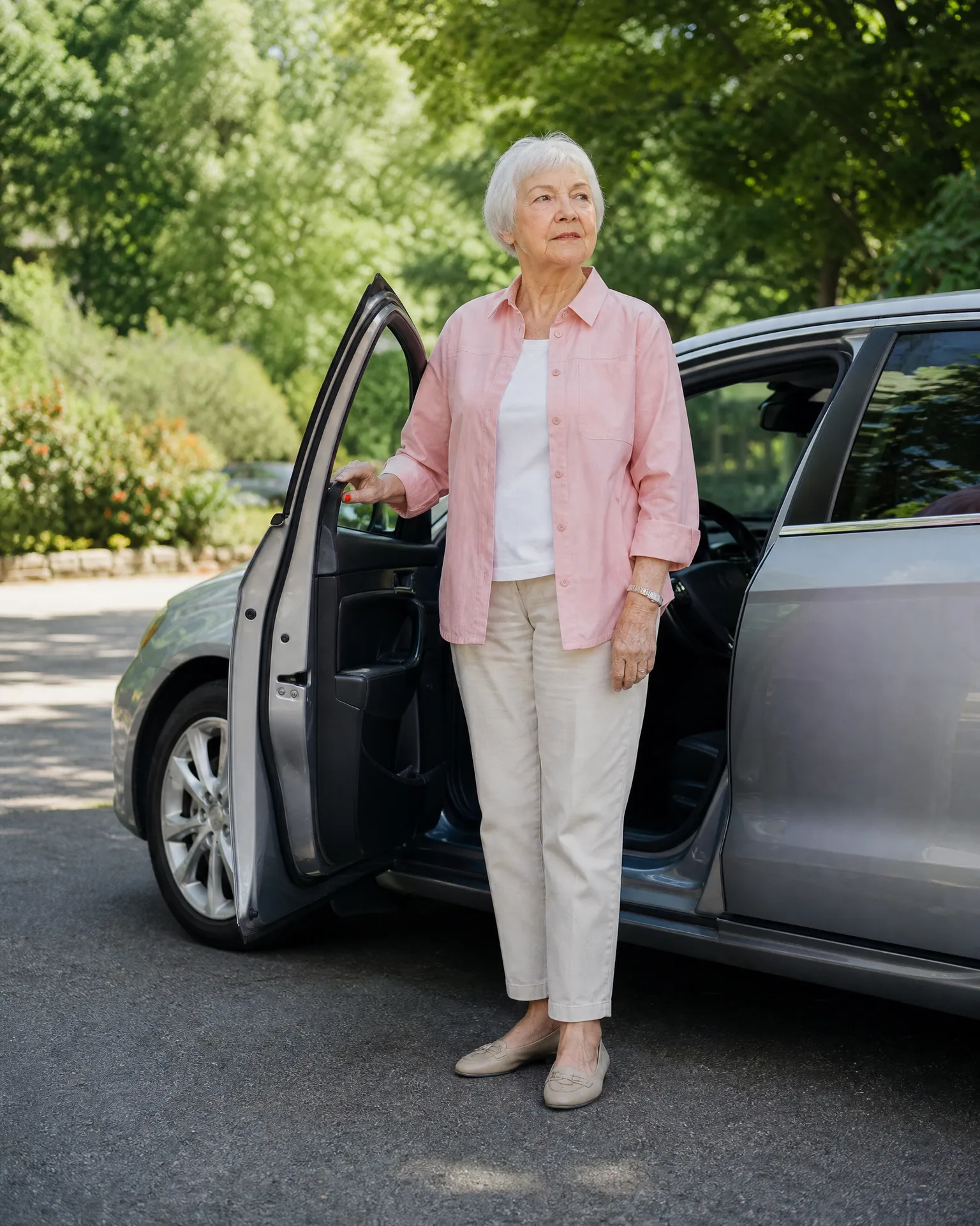 An older woman with white hair in a pink shirt, white top, beige trousers and flat shoes stands beside the open front door of a silver car on a paved driveway with green trees behind.