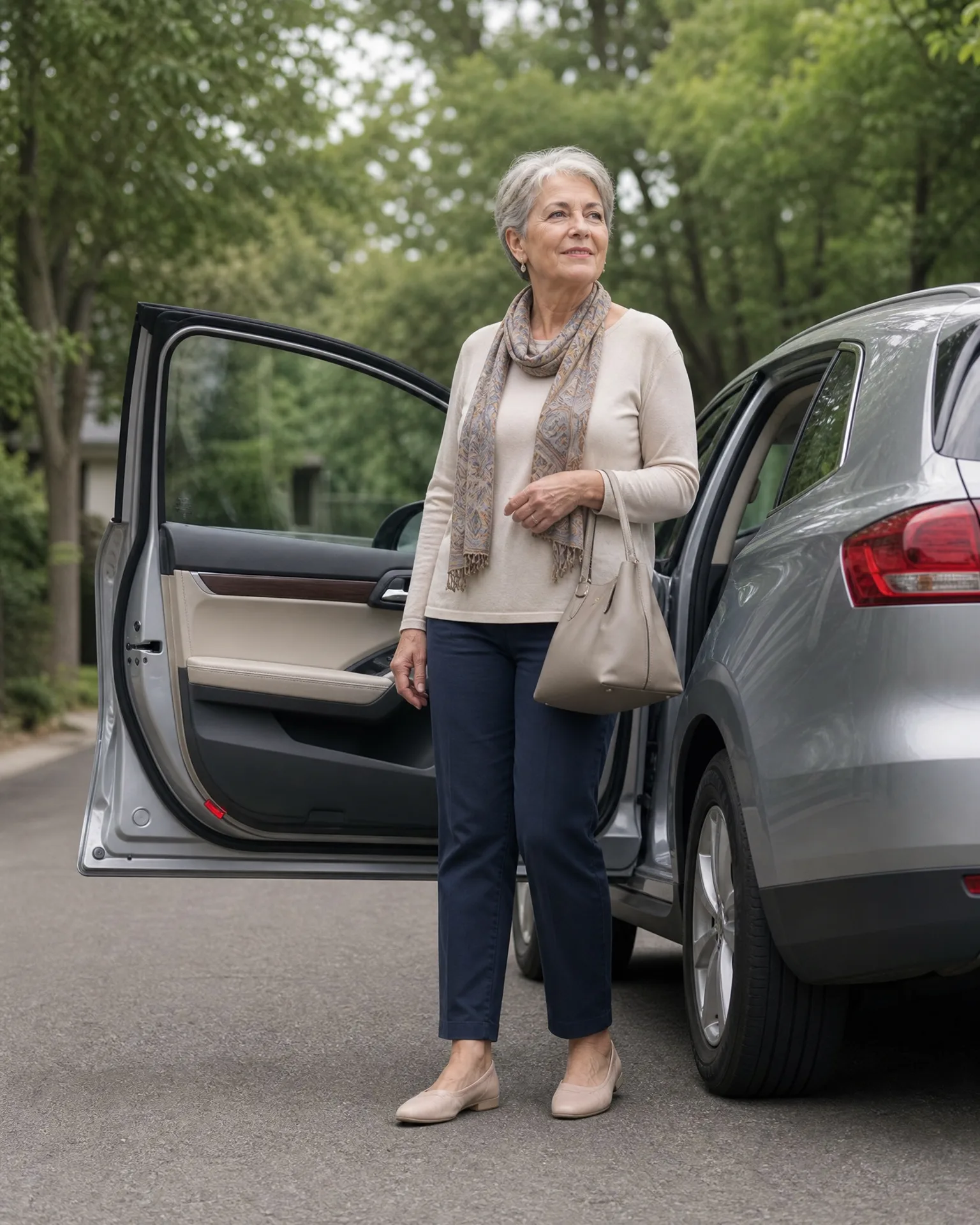An older woman with short gray hair, wearing a beige sweater, patterned scarf, navy trousers and a shoulder bag, stands on pavement beside a silver car with its front door open, with green trees in the background.