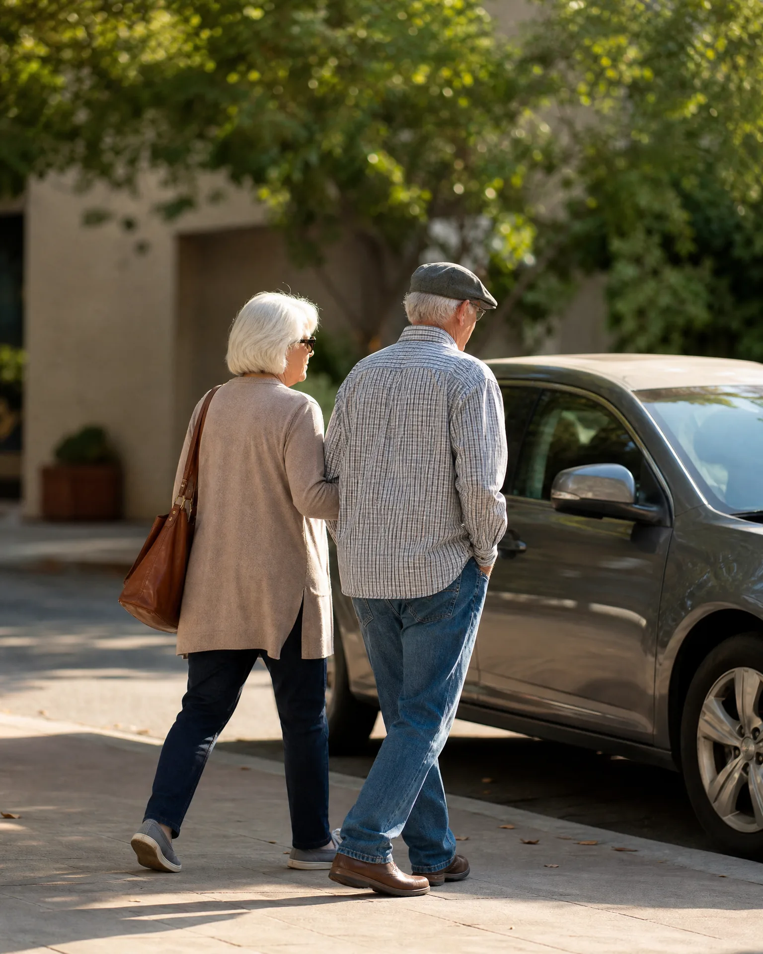 An older man in a flat cap and checked shirt and a white-haired woman with a brown leather shoulder bag walk arm in arm away from the camera toward a parked gray sedan, with a stucco wall and leafy trees behind them.