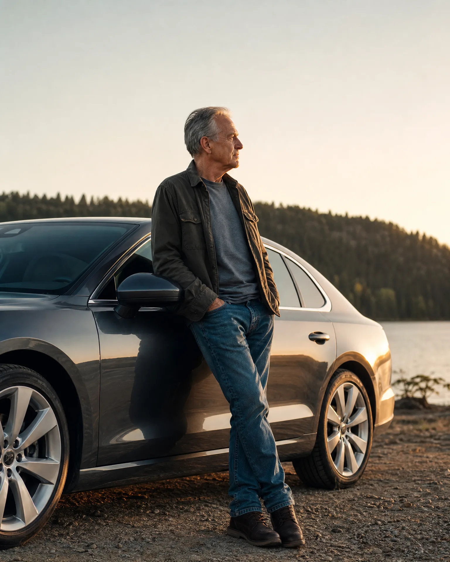 A gray-haired man in a dark jacket and jeans leans against the side of a dark sedan parked on gravel, with a forested hillside and water in the background.