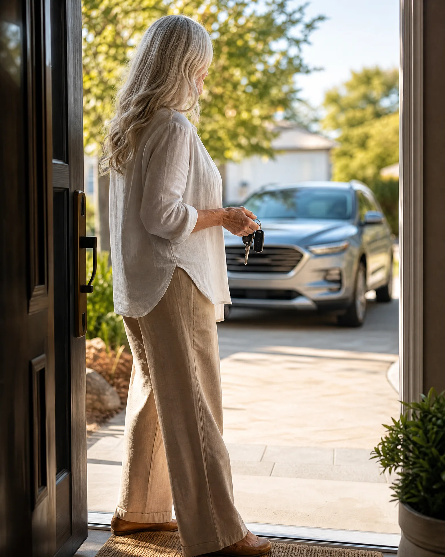 A woman with long light hair in a cream linen shirt and beige wide-leg trousers stands in an open doorway holding car keys, with an SUV parked on a driveway outside.