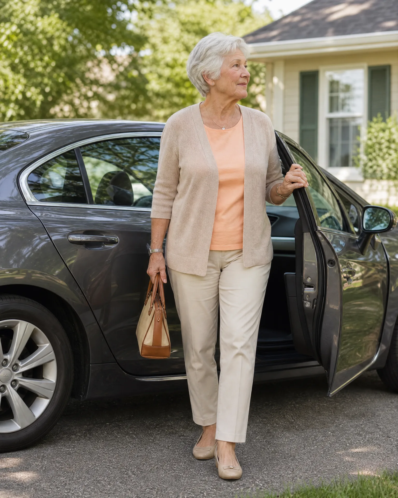 An older woman with white hair, wearing a beige cardigan, peach top and light trousers, steps out of a dark sedan holding a handbag and the open car door, with a light-colored house and trees behind.