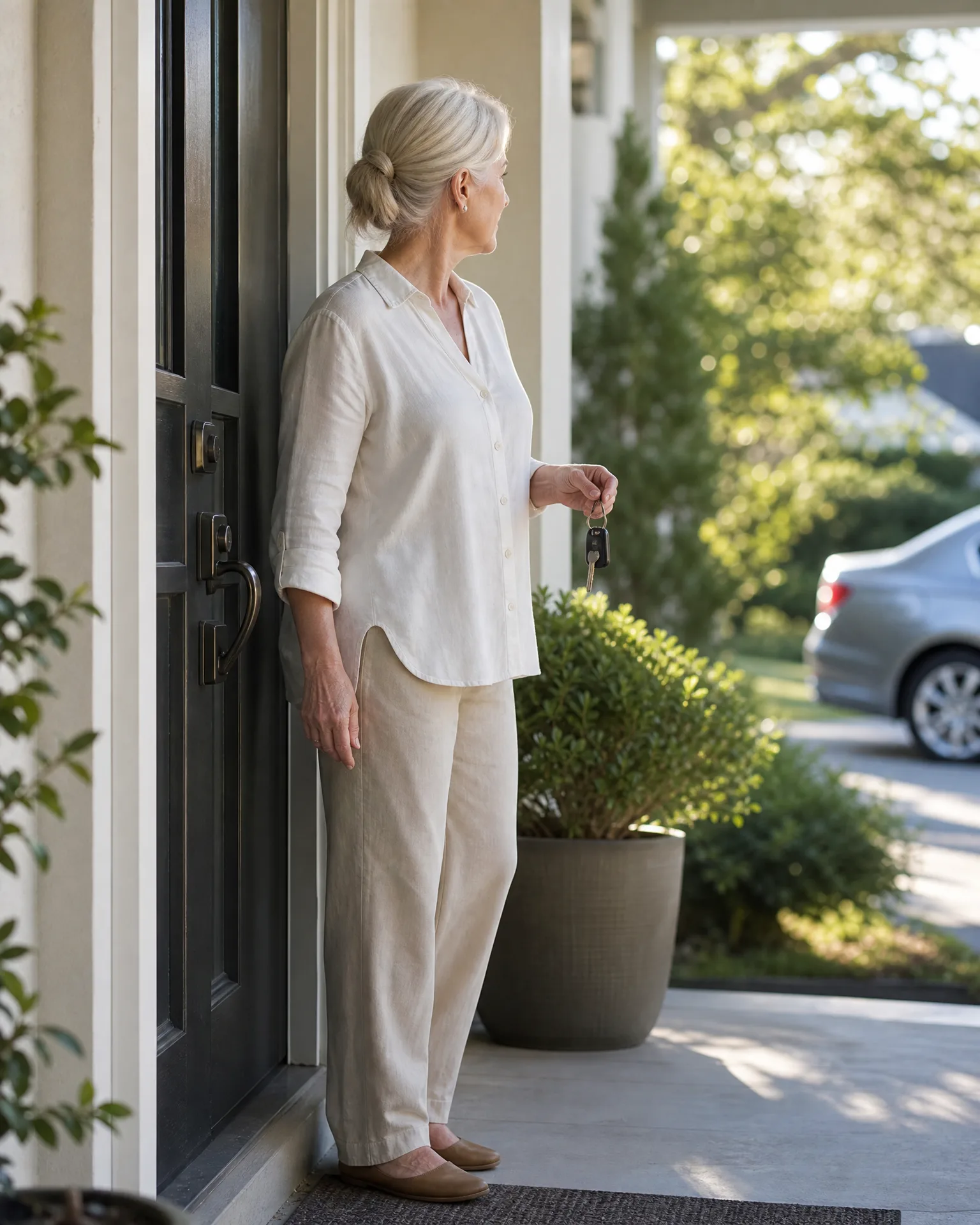 A woman with light hair in a bun stands on a covered porch beside a dark front door, holding keys and looking toward a driveway where a silver car is parked near shrubs and trees.