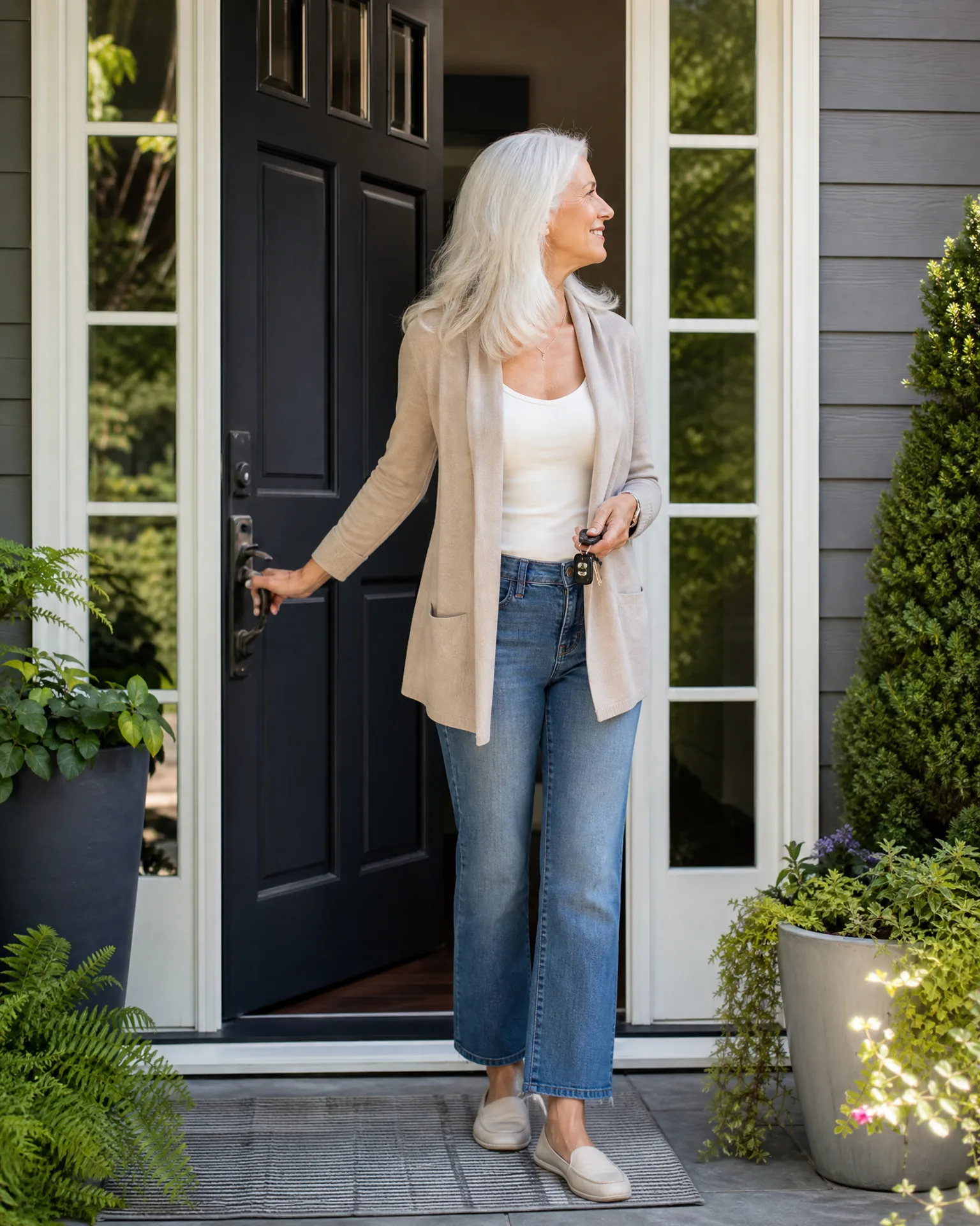A woman with long white hair wearing a beige cardigan, white top, cropped blue jeans and slip-on shoes stands on a porch holding the handle of a black front door, with potted ferns and shrubs nearby.
