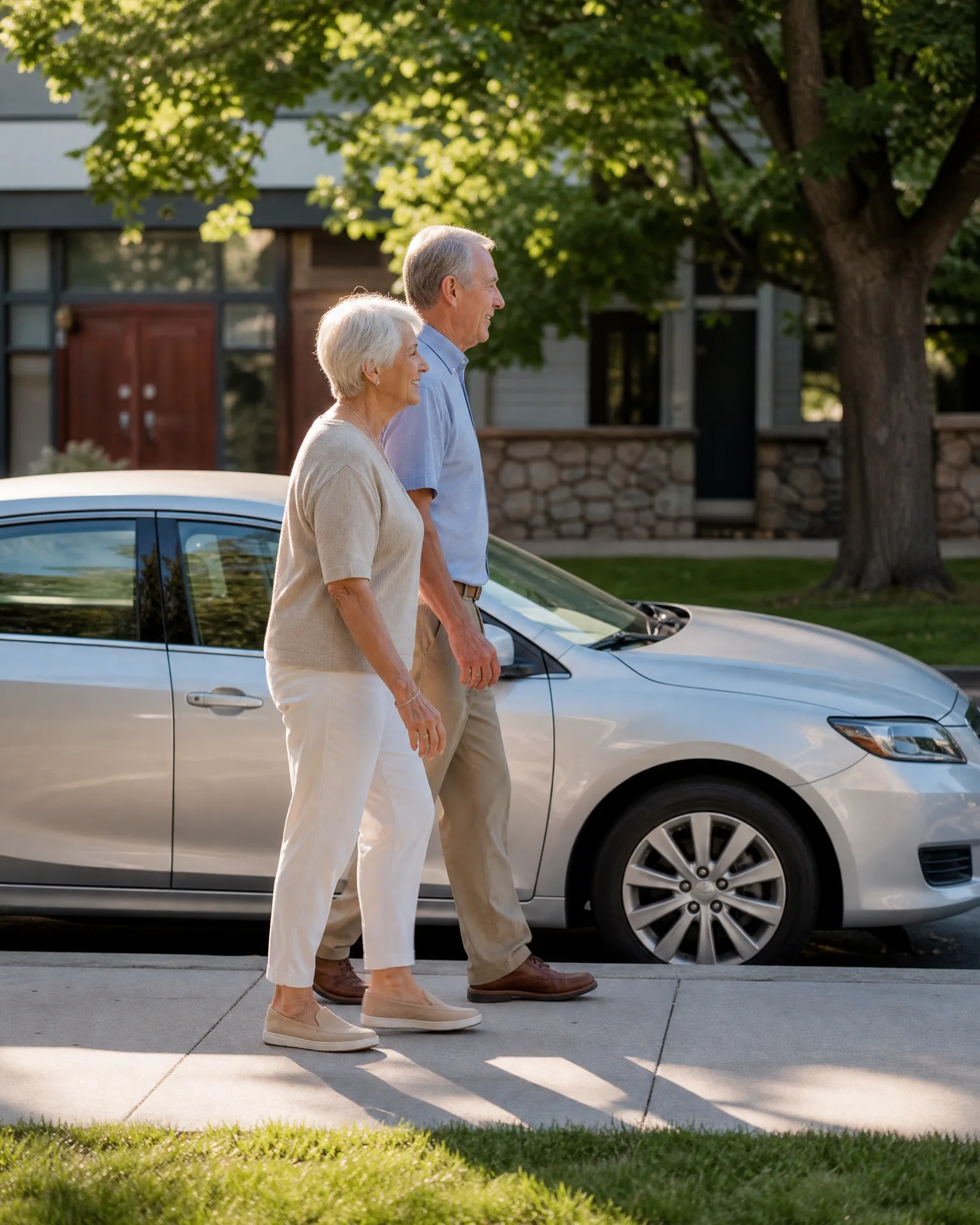 An older man and woman walk along a sidewalk past a parked silver sedan, with a house, stone wall, and large tree behind them.