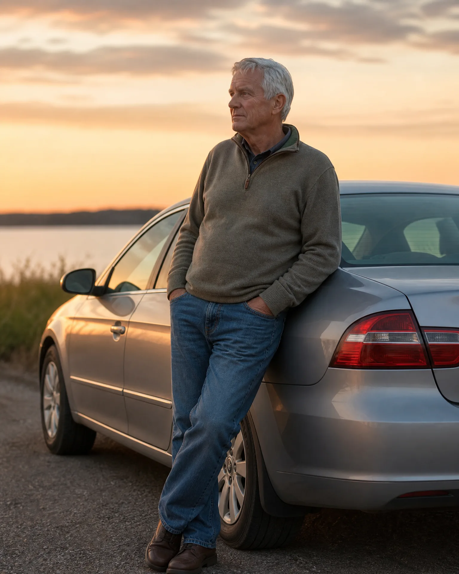 An older man with gray hair in a quarter-zip sweater and jeans leans against the rear of a silver sedan on a gravel shoulder beside a body of water at sunset.