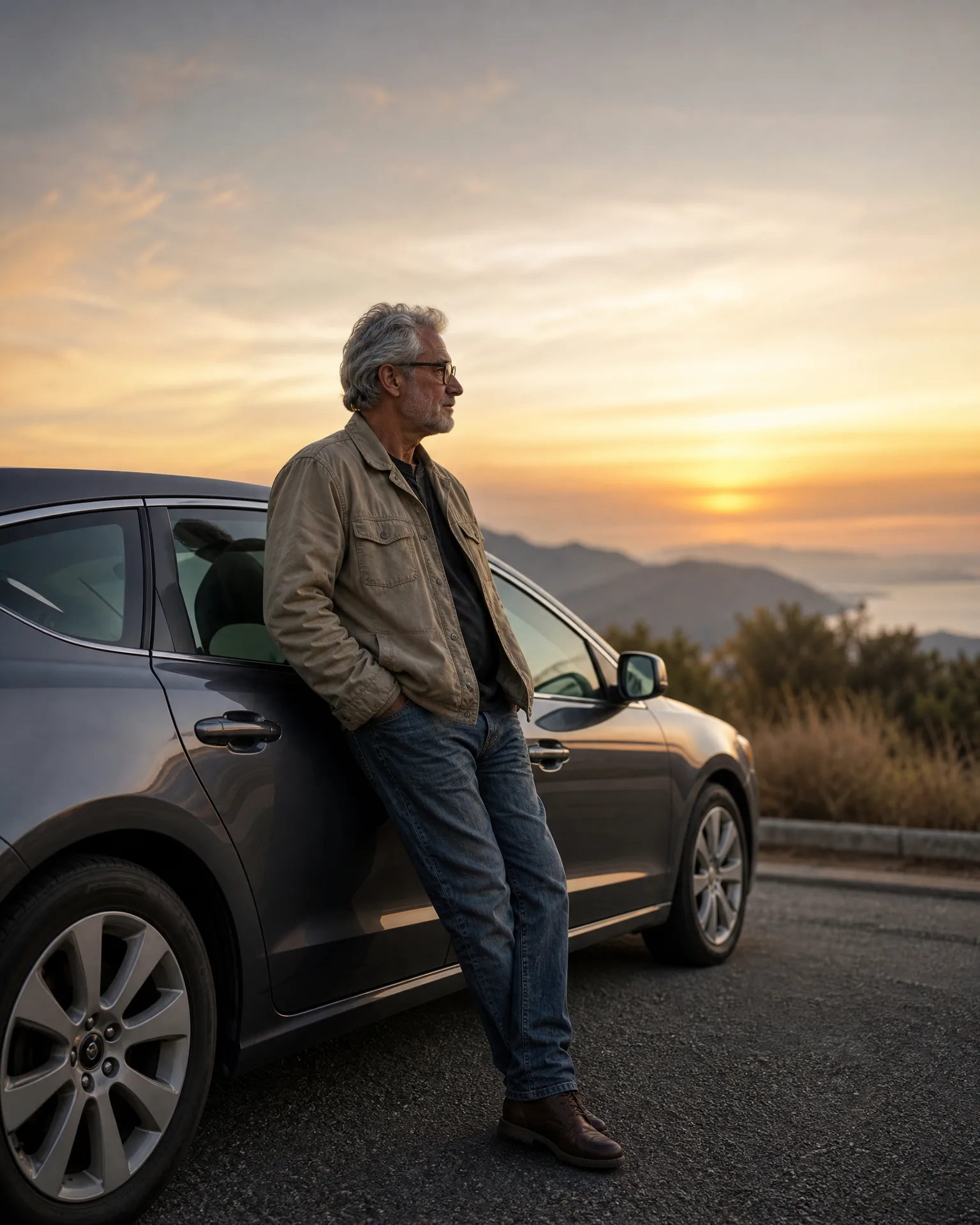 A gray-haired man in a tan jacket and jeans leans against a dark sedan parked on a paved overlook, looking toward hills and water at sunset.