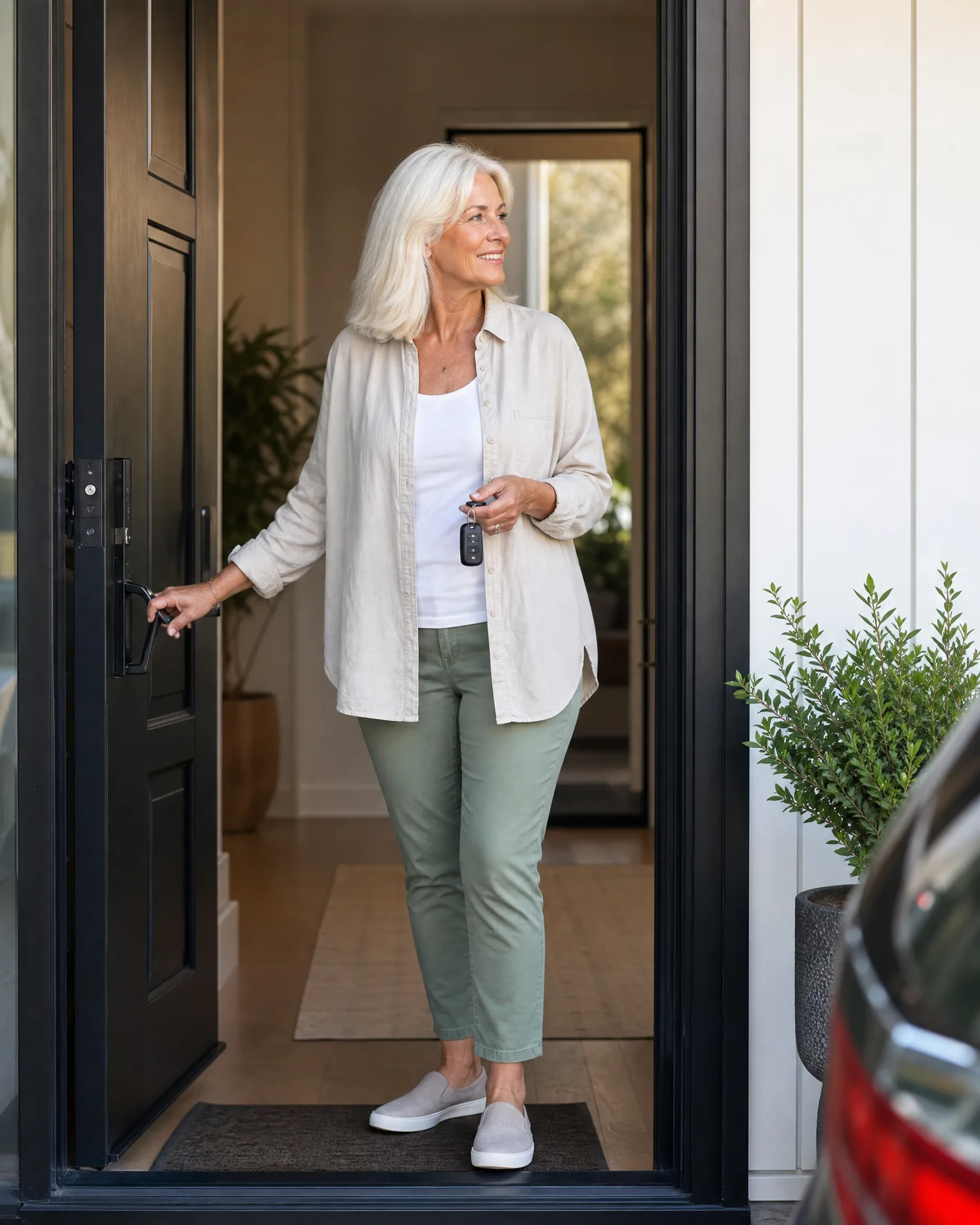 A woman with white shoulder-length hair, wearing a cream shirt, white top, green cropped pants and gray slip-on shoes, stands in an open dark-framed doorway holding a key fob and the door handle, with a potted shrub and part of a car at right.
