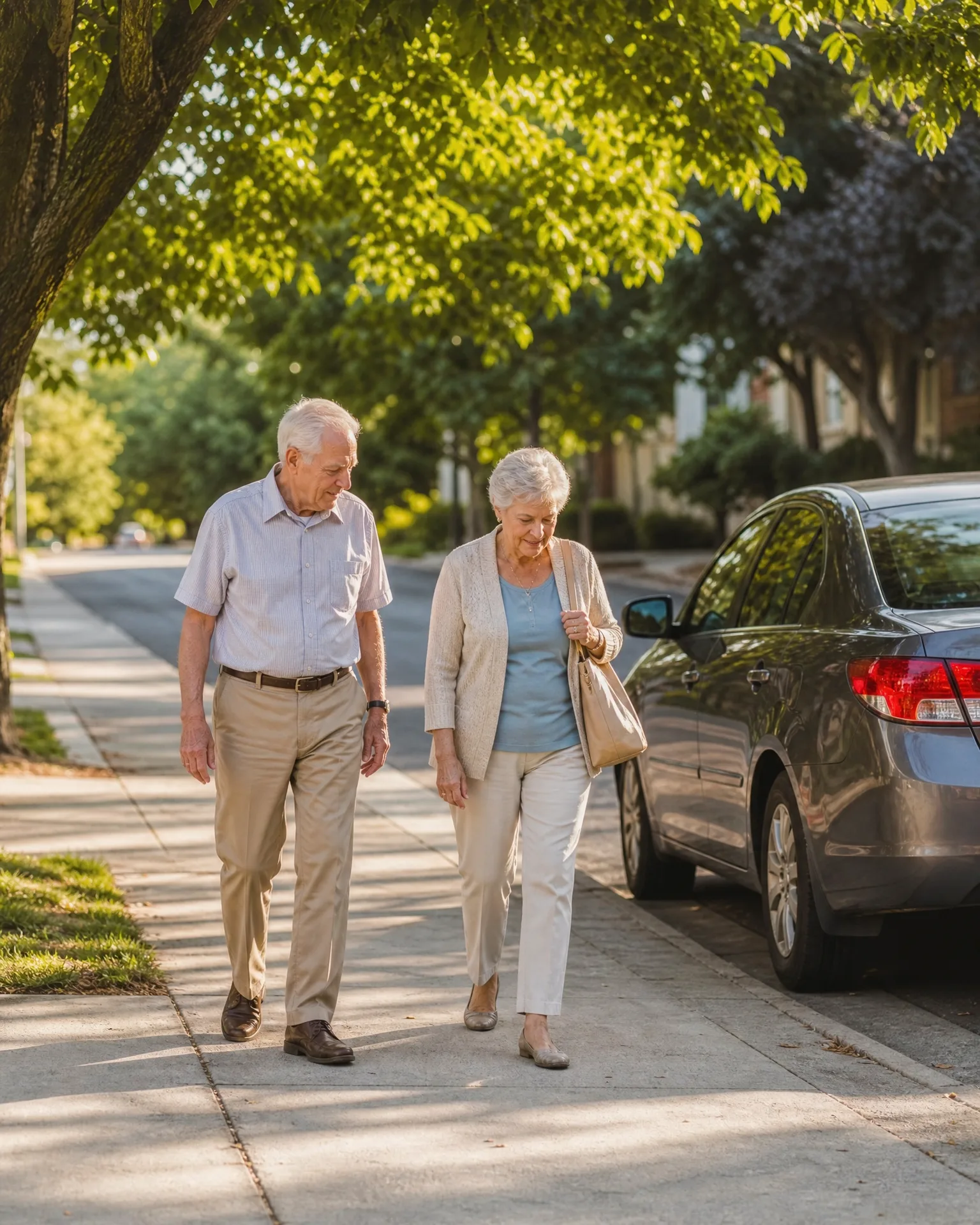 An older man and woman walk side by side along a sunlit sidewalk lined with leafy trees, with a dark gray sedan parked at the curb to the right.