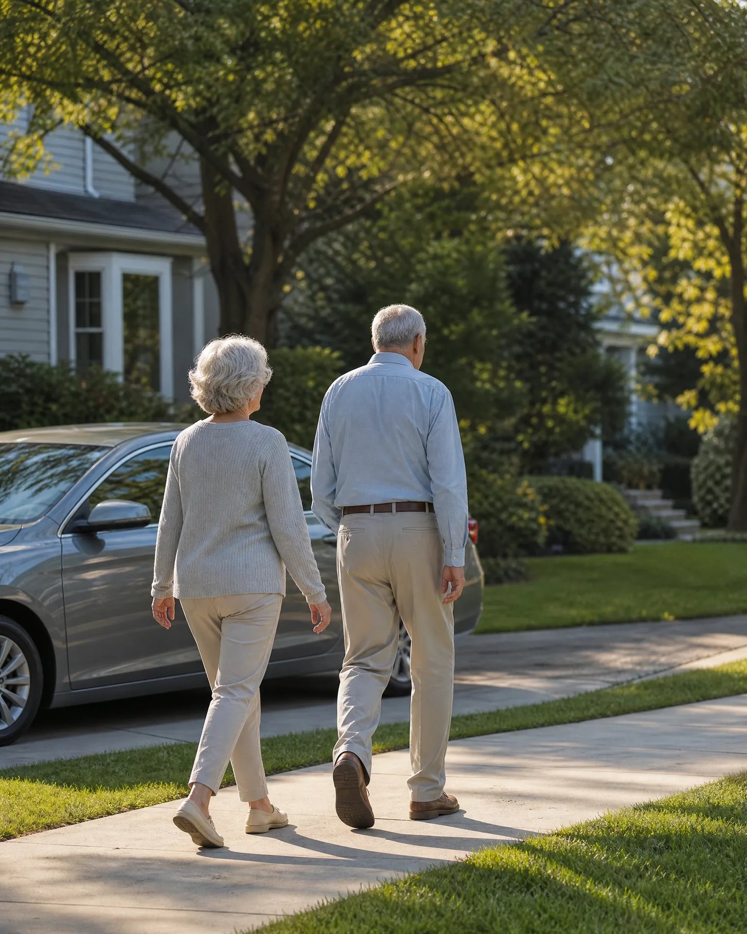 An older man and woman, seen from behind, walk along a concrete sidewalk past a parked silver car, with a light-colored house, lawns and leafy trees in the background.
