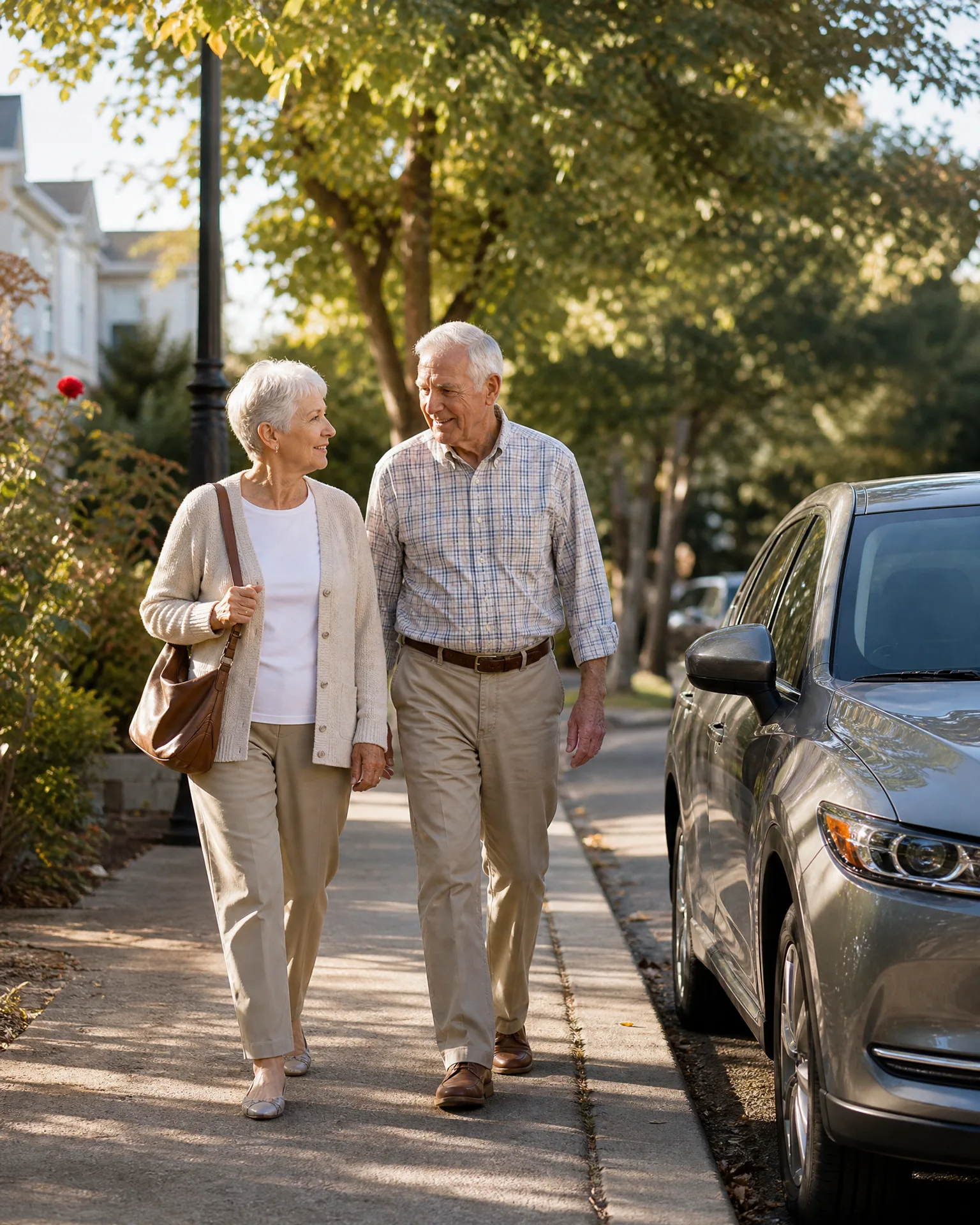 An older man in a plaid shirt and khakis and an older woman in a cream cardigan with a brown shoulder bag walk together on a sidewalk beside a parked silver SUV, with trees and a light-colored building in the background.