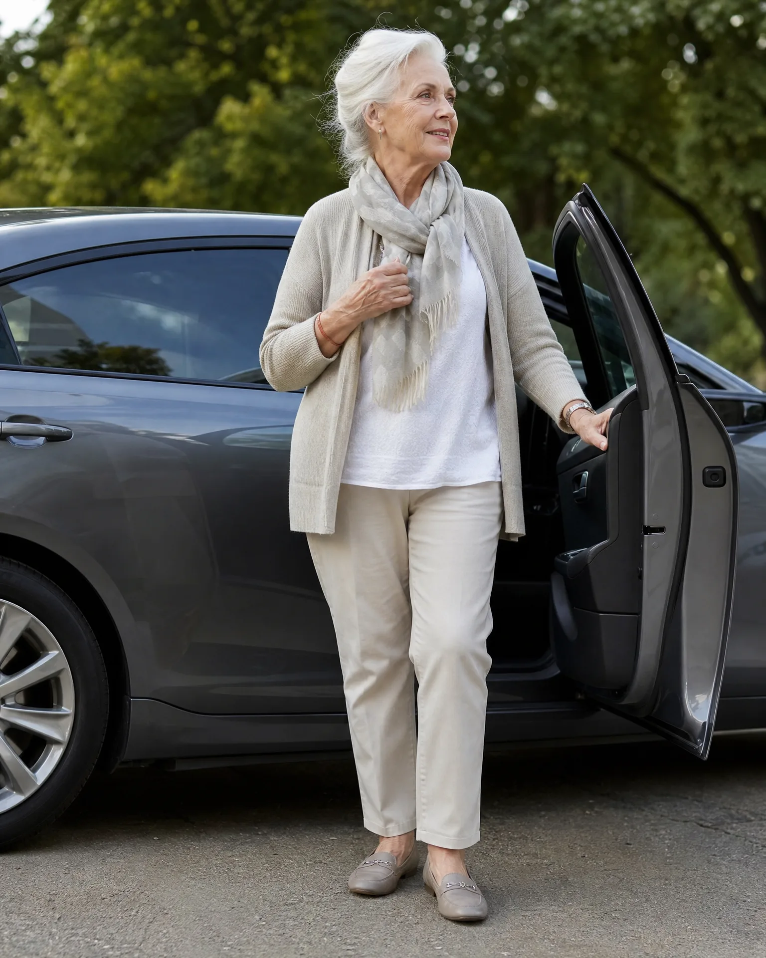An older woman with white hair, wearing a beige cardigan, scarf, white top and light trousers, stands beside a dark gray car with its rear door open, with green trees behind.