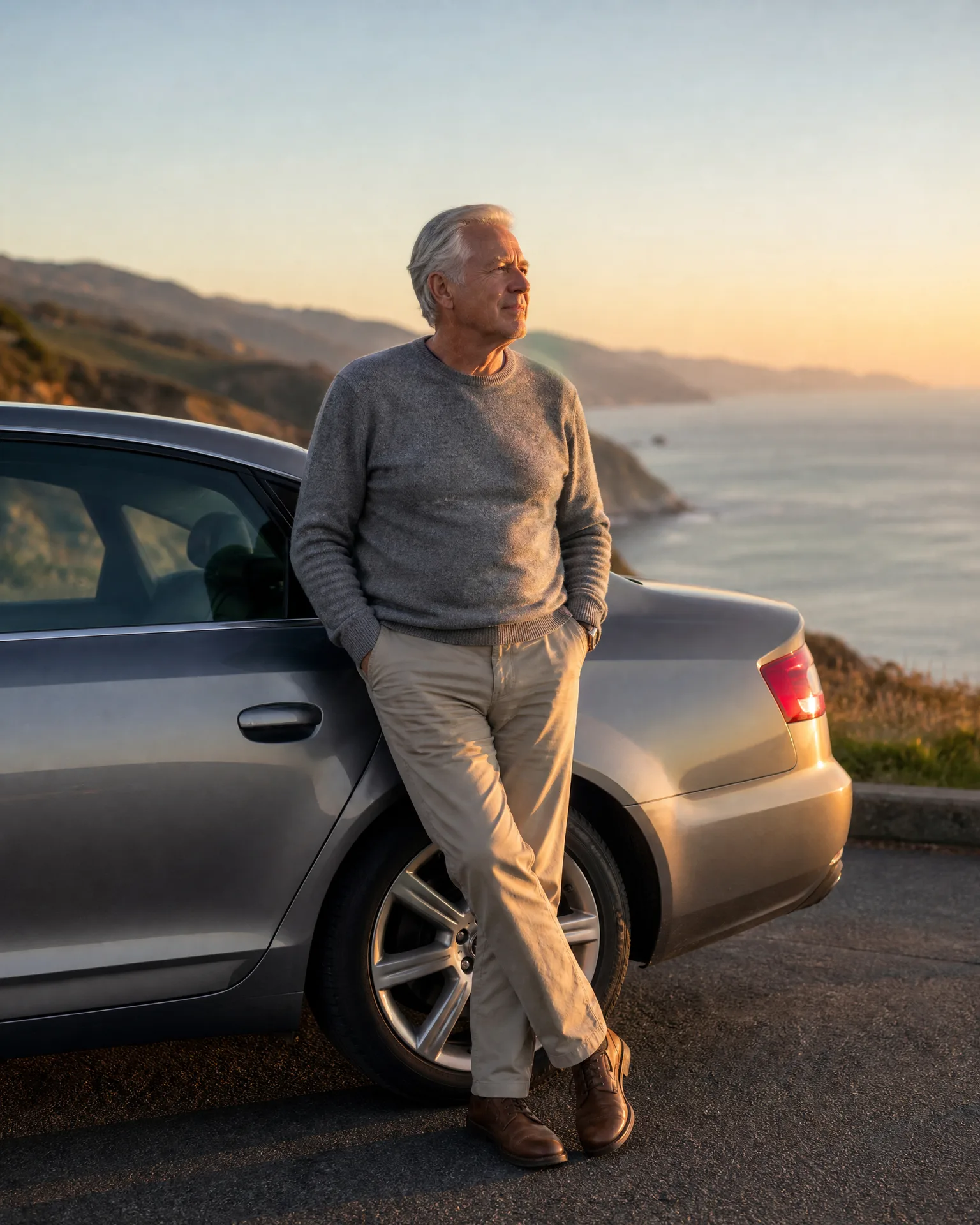 A white-haired man in a gray sweater and light trousers leans against a silver sedan parked on pavement above a coastline with hills at sunset.