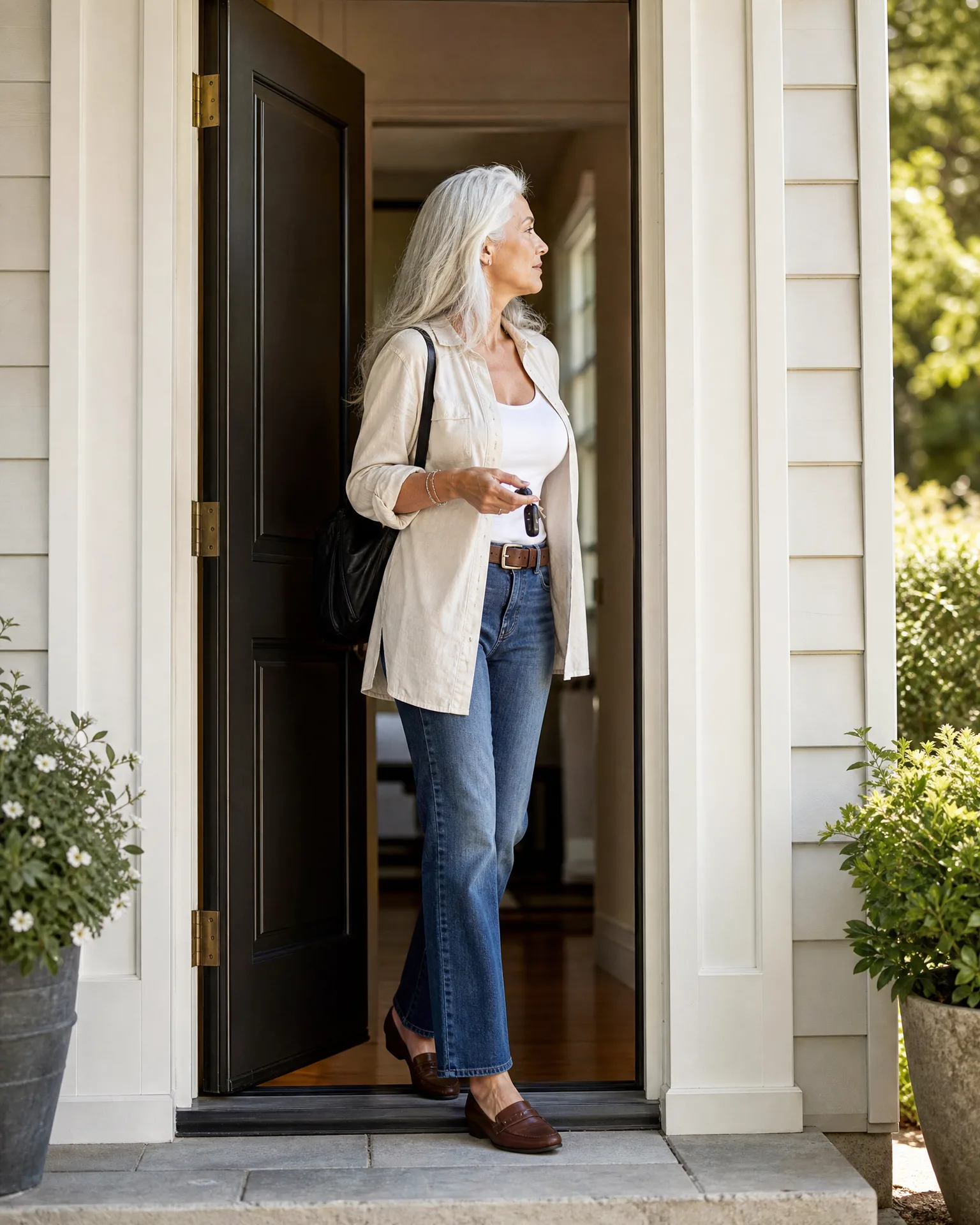 A woman with long gray hair, wearing a cream shirt, white top, blue jeans and brown loafers with a black shoulder bag, steps out of a dark open front door of a white clapboard house flanked by potted plants.