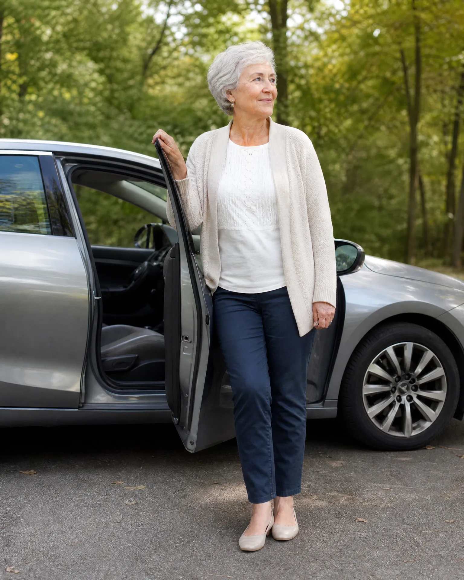 An older woman with short white hair, wearing a cream cardigan, white top, navy trousers and beige flats, stands holding the open driver's door of a silver car parked on pavement in front of green trees.