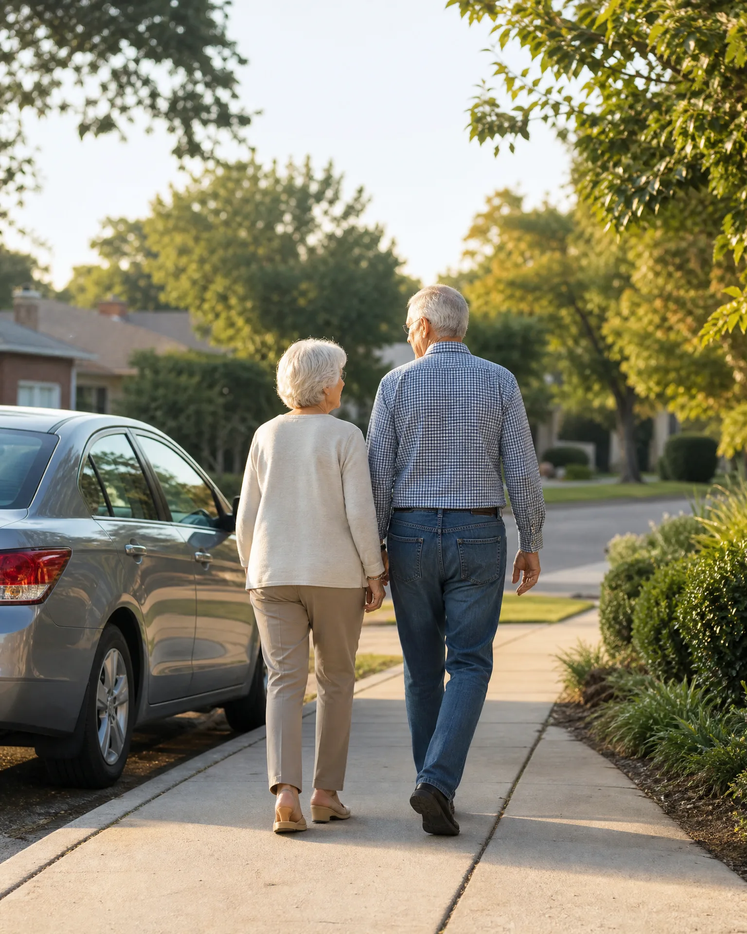An older man in a checked shirt and jeans and an older woman in a light sweater and tan pants walk away from the camera along a concrete sidewalk, with a parked silver sedan at left and trees and shrubs lining the street.