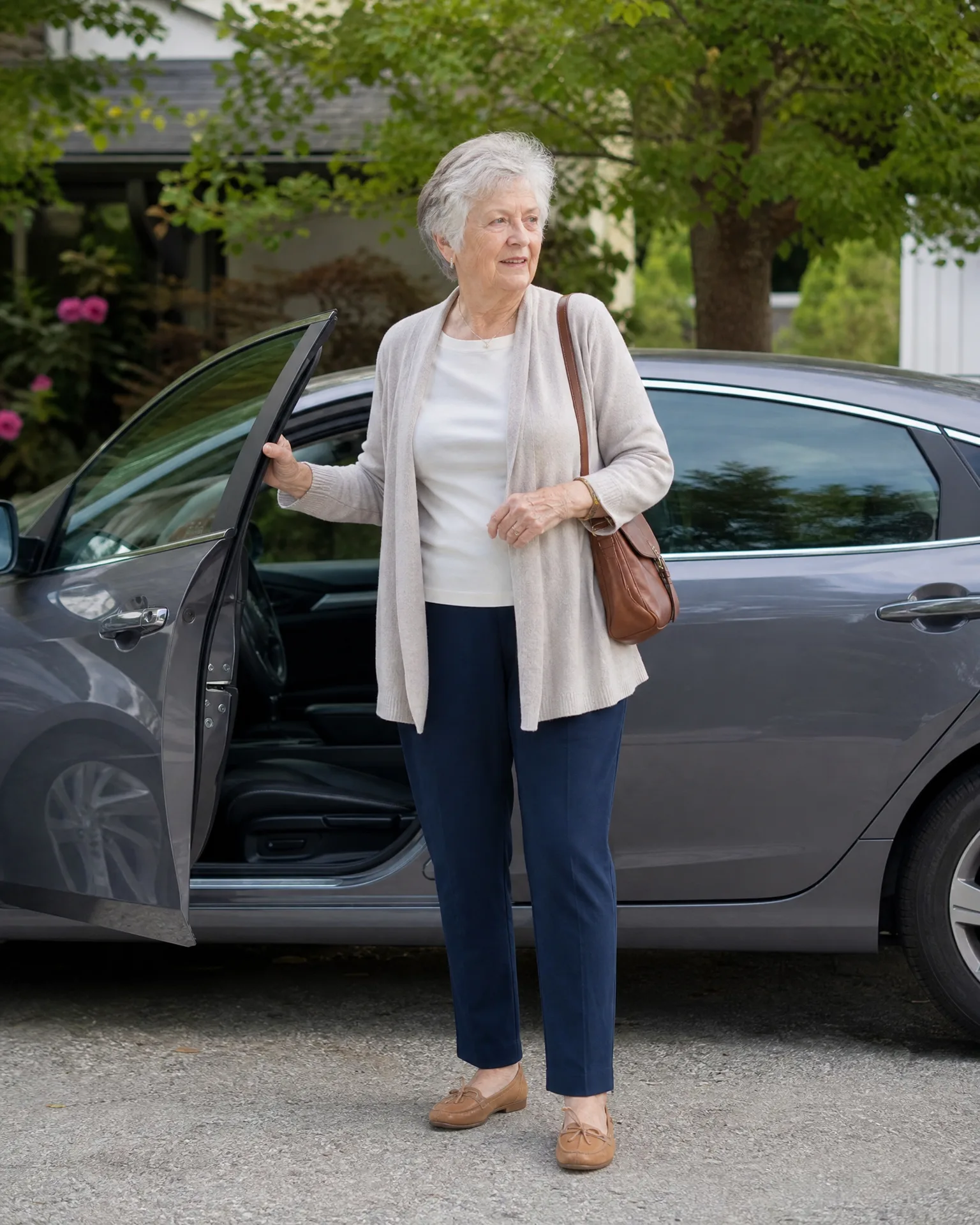 An older woman with white hair, wearing a beige cardigan, white top, navy trousers and tan loafers with a brown shoulder bag, stands beside the open rear door of a dark gray sedan parked on a driveway with green trees behind.