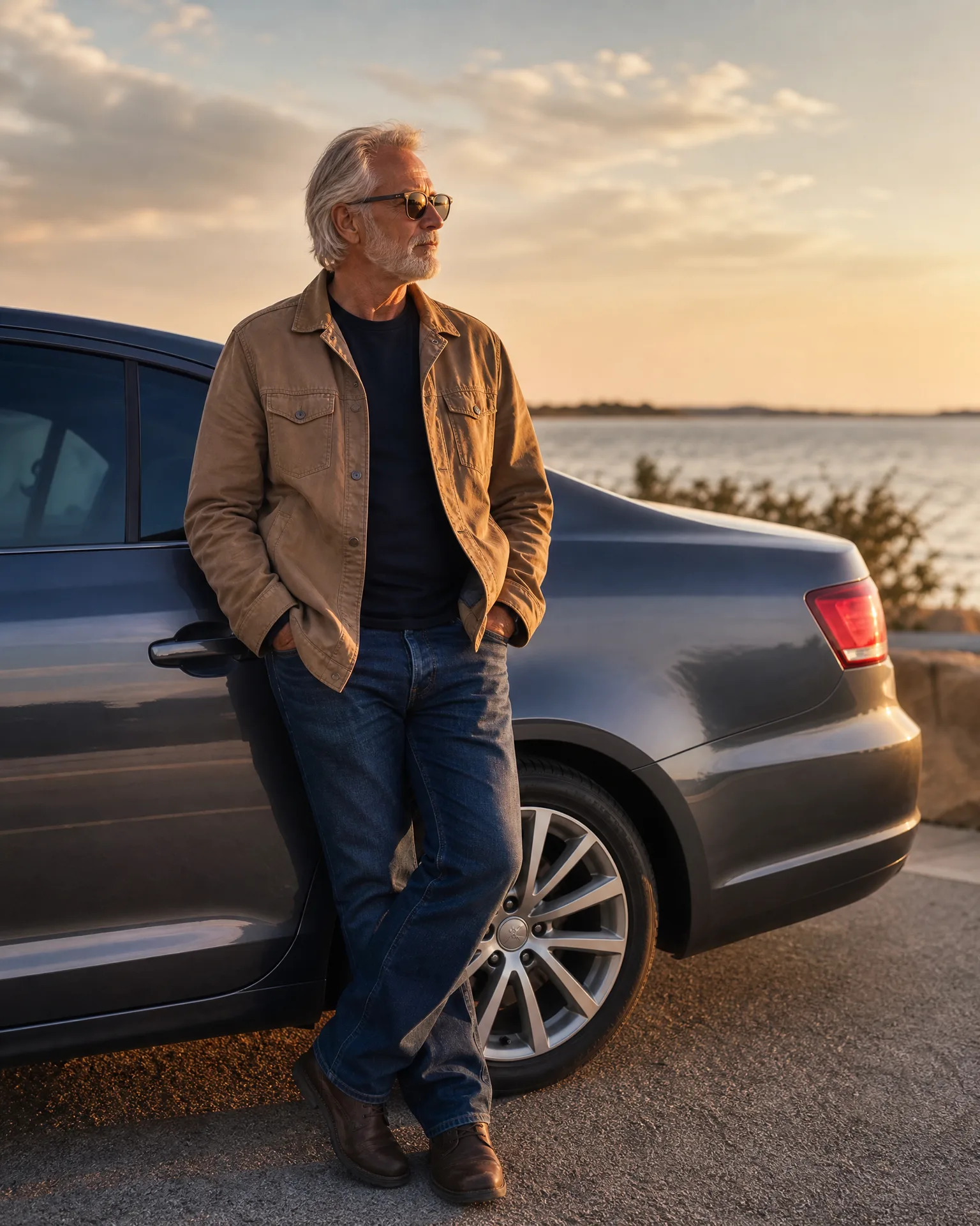 A gray-haired bearded man in sunglasses, a tan jacket and jeans leans against the rear of a dark gray sedan parked beside water at sunset.