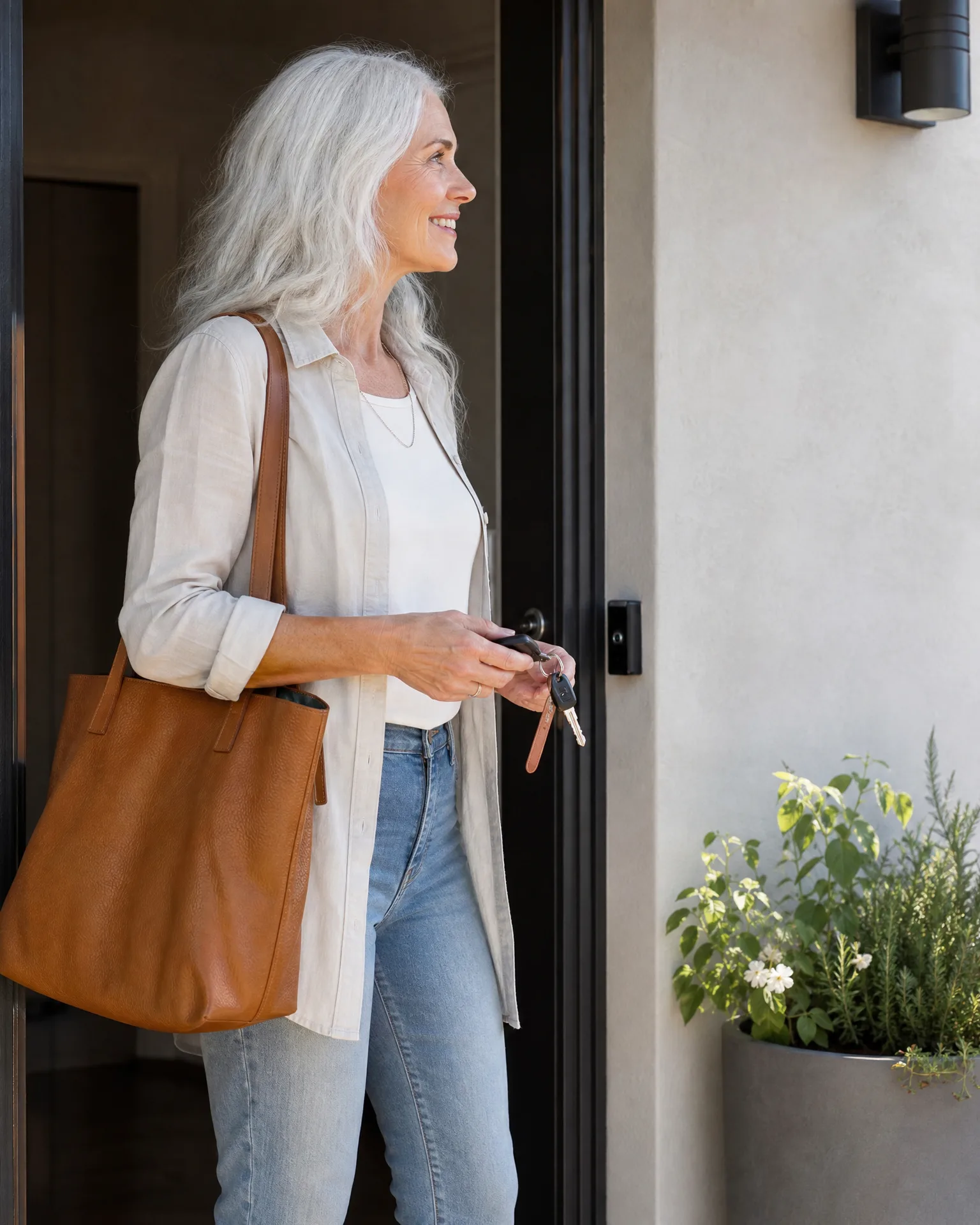 A woman with long white hair, wearing a cream shirt, white top and light jeans, carries a tan leather tote and holds keys while stepping through a dark-framed doorway of a stucco house, with potted green plants to the right.