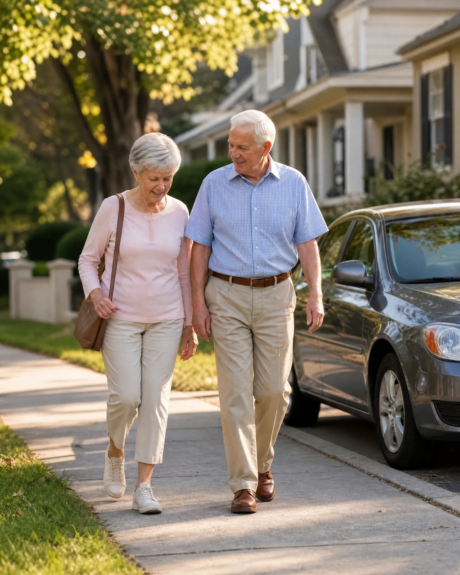 An older couple walks side by side along a sunlit sidewalk past a parked dark gray car, with houses and leafy trees in the background.