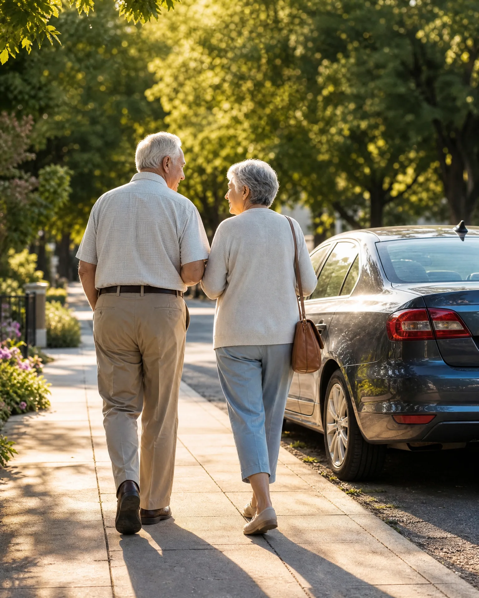 An elderly couple walks arm in arm away from the camera along a sunlit sidewalk lined with trees, with a dark blue sedan parked at the curb to their right.