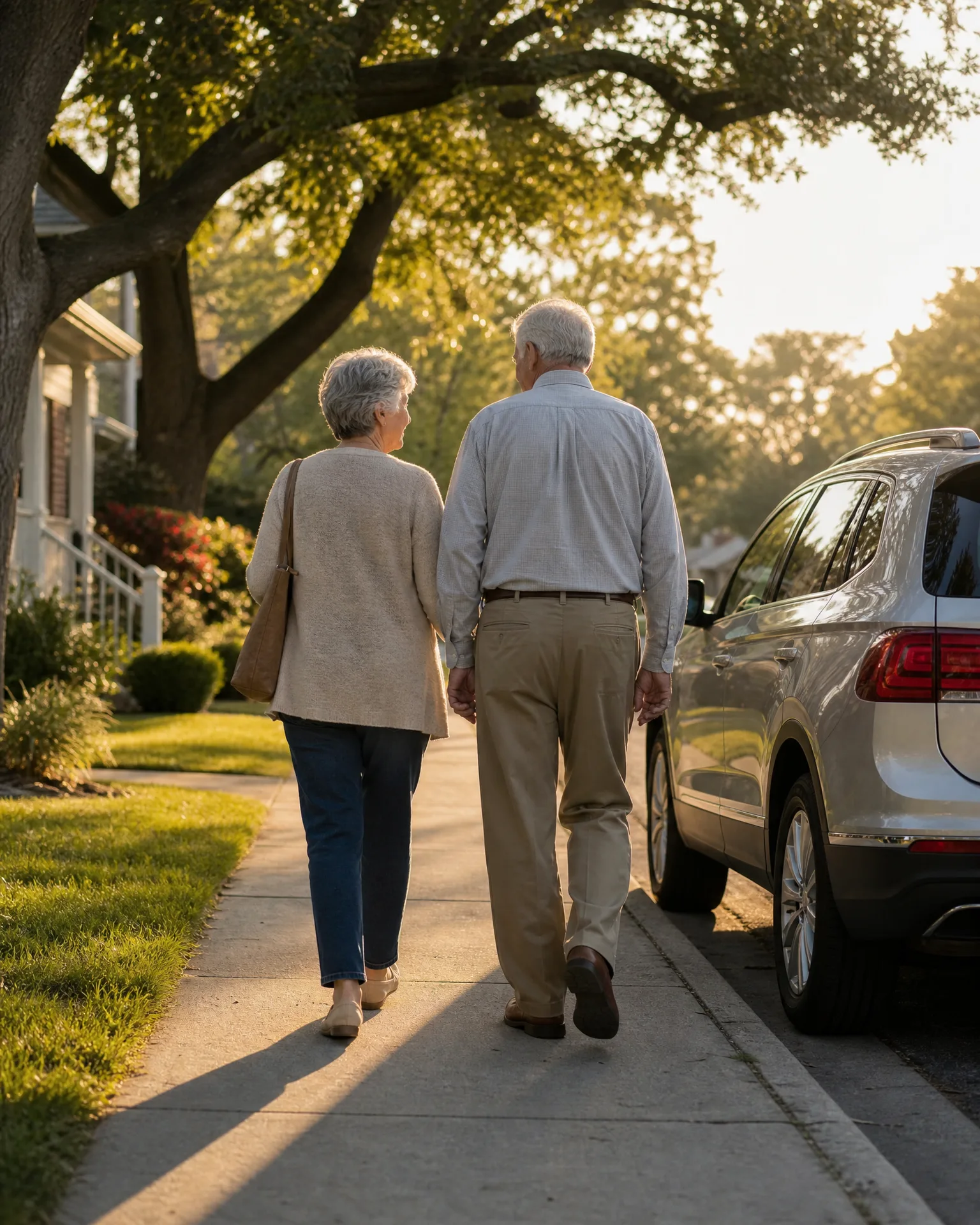 An older man and woman walk away from the camera along a sidewalk in low sunlight, with a silver SUV parked at the curb and trees and a house on the left.