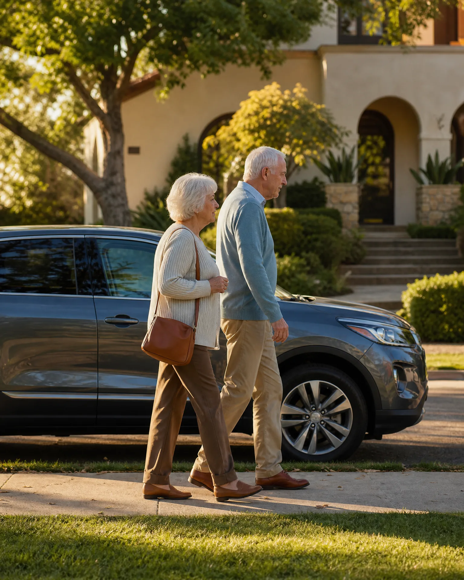 An older man and woman walk along a sidewalk past a dark parked SUV in front of a light stucco house with arched entry and shrubs.