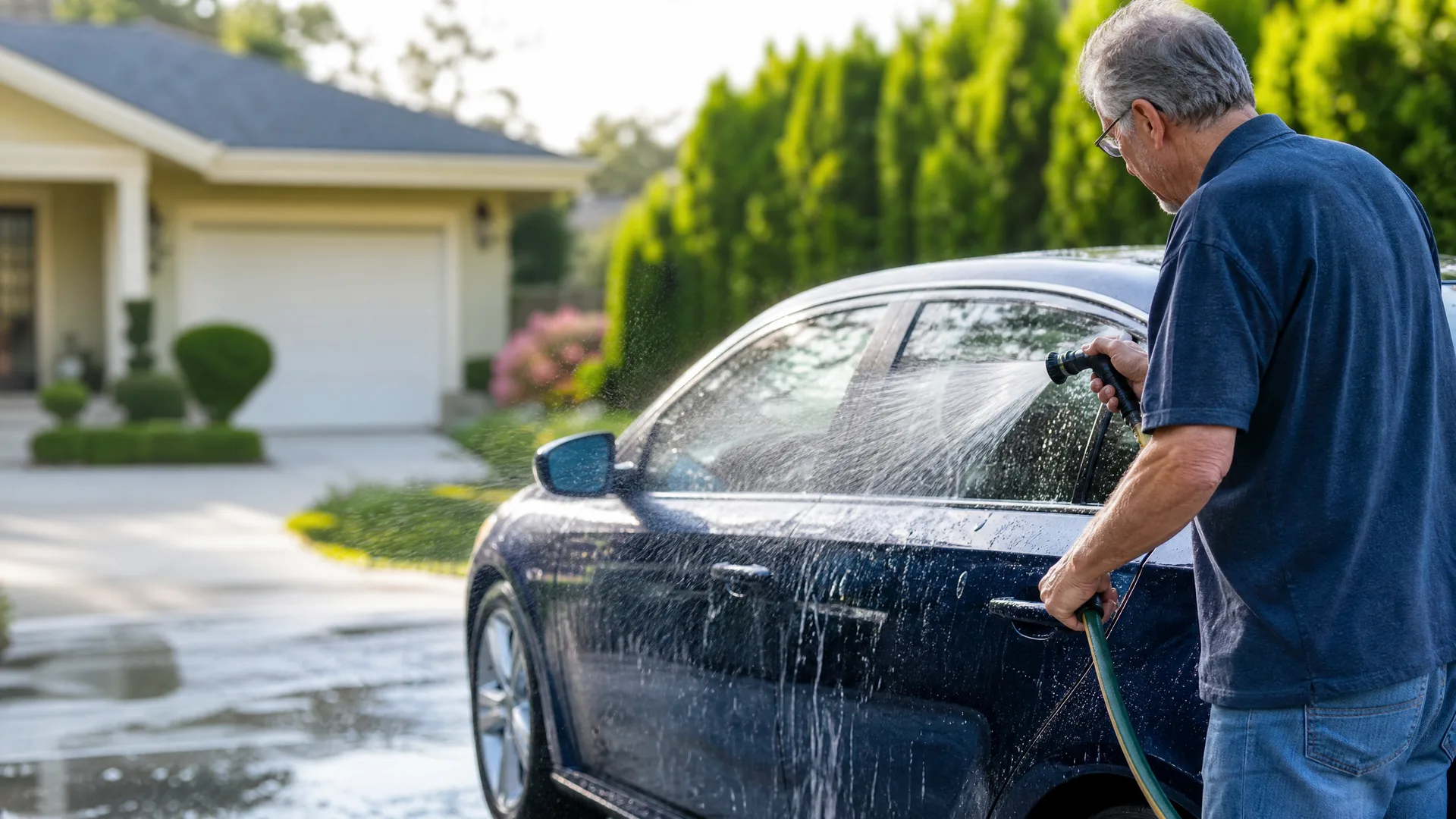 A man in a dark blue polo shirt sprays water from a hose nozzle onto a dark blue sedan parked on a driveway in front of a light-colored house with a white garage door and tall hedges.