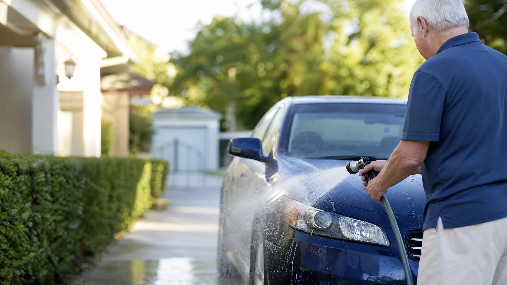 An older man in a blue polo shirt and khaki pants sprays water from a hose nozzle onto the front of a dark blue car parked in a driveway beside a trimmed hedge and a house.
