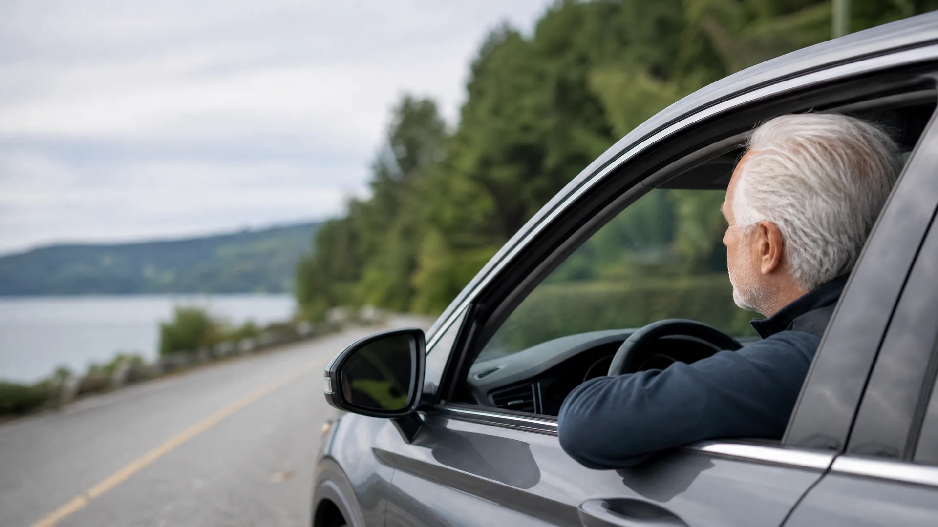 A gray-haired man with a beard sits in the driver's seat of a dark car with the window down, his arm resting on the door, parked on a road beside water and a treed hillside.