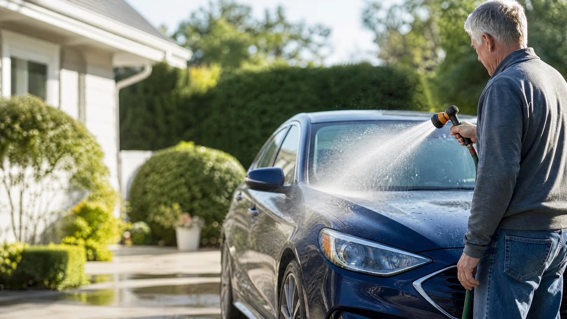 A man in a gray sweatshirt and jeans sprays water from a hose nozzle onto the hood of a dark blue sedan parked on a driveway beside a light-colored house and hedges.
