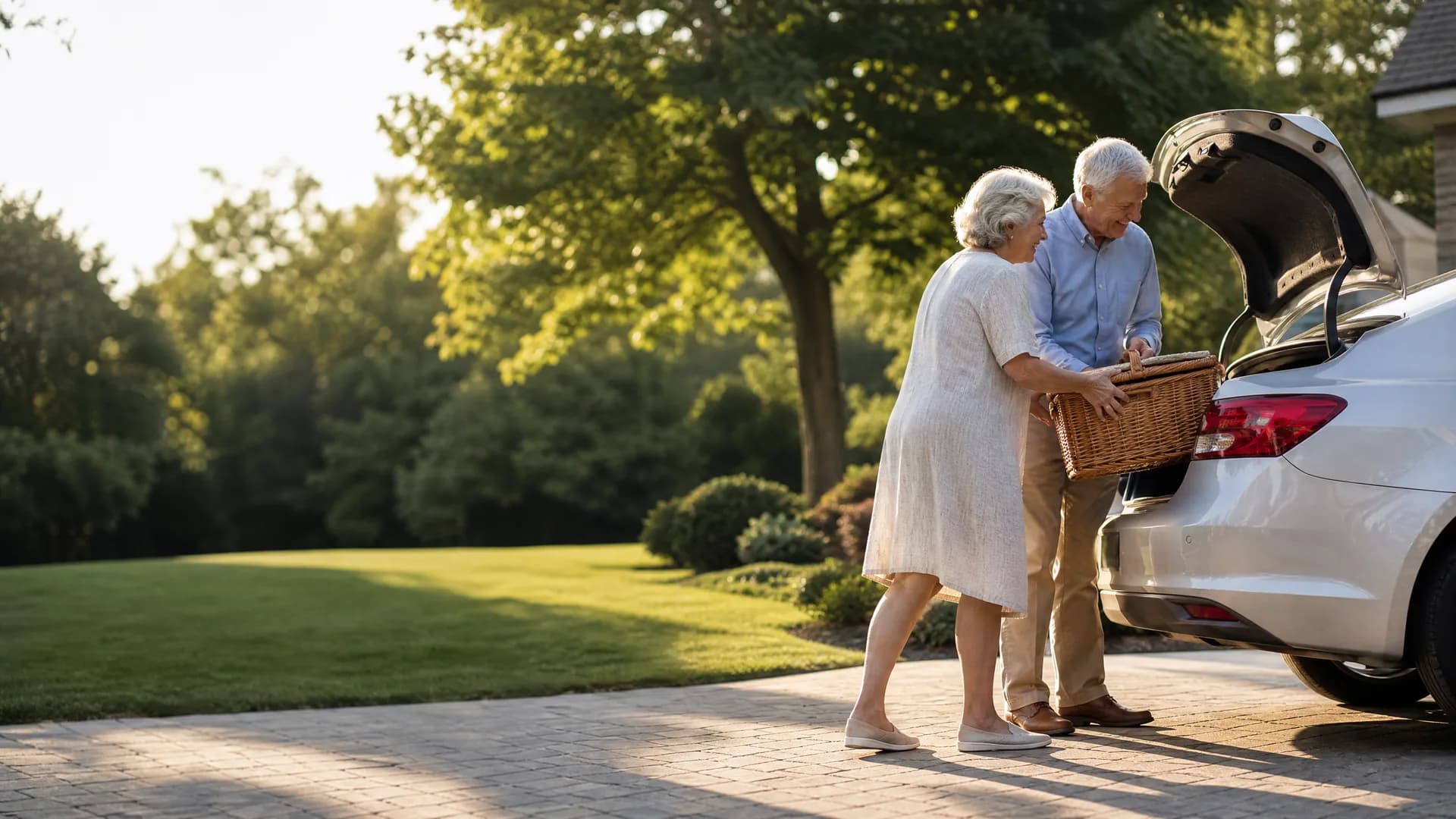 An older man and woman load a wicker picnic basket into the open rear hatch of a white car parked on a paved driveway, with a lawn and trees behind them.