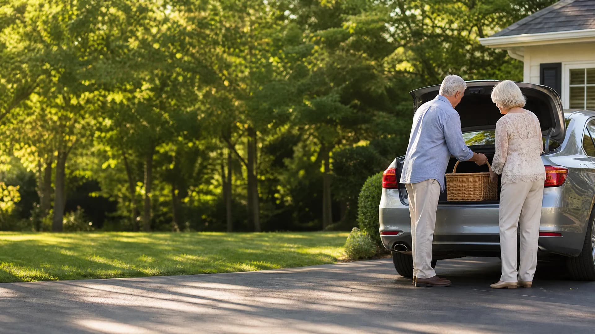 An older man and woman stand at the open rear hatch of a silver SUV in a driveway, loading a wicker basket, with green trees and a lawn behind them.