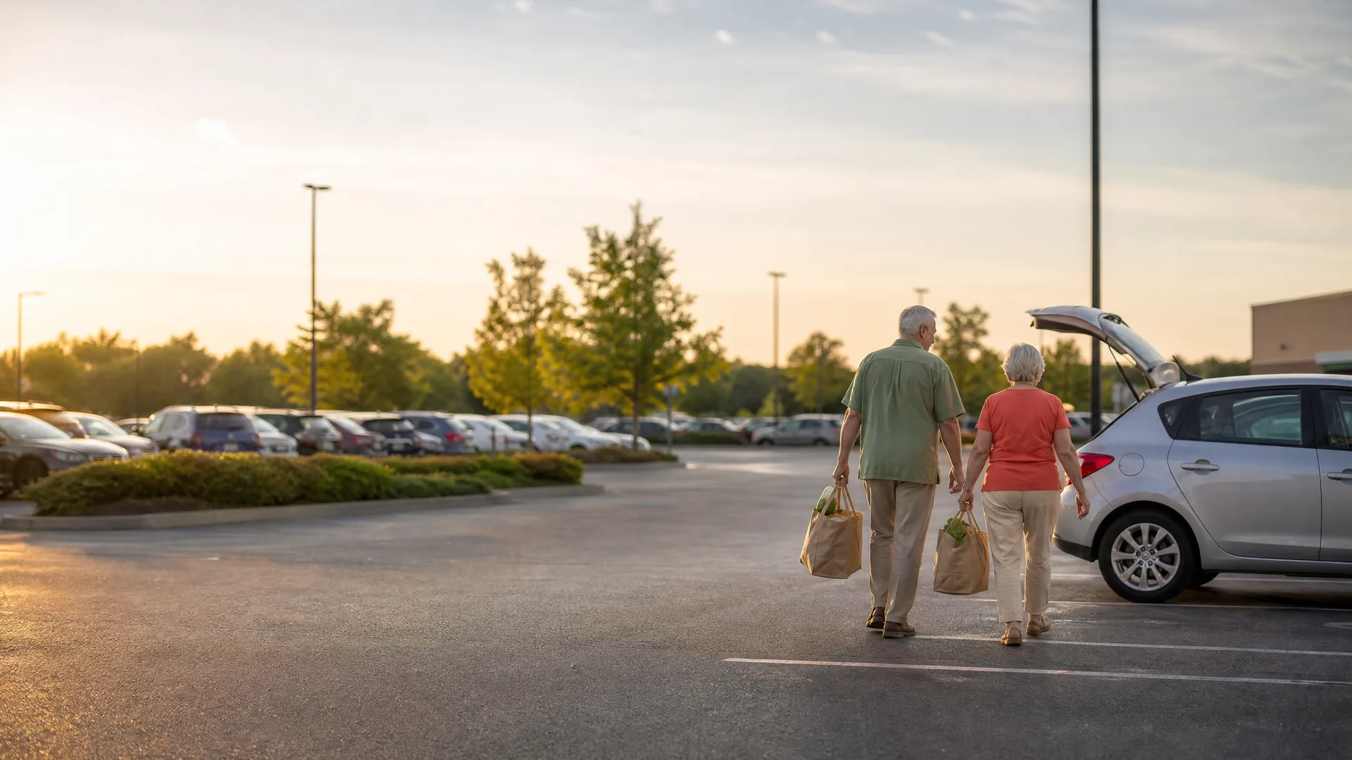 An older man and woman carrying paper grocery bags walk across a parking lot toward a silver hatchback with its rear hatch open, with rows of parked cars, trees and light poles under a hazy sky behind them.