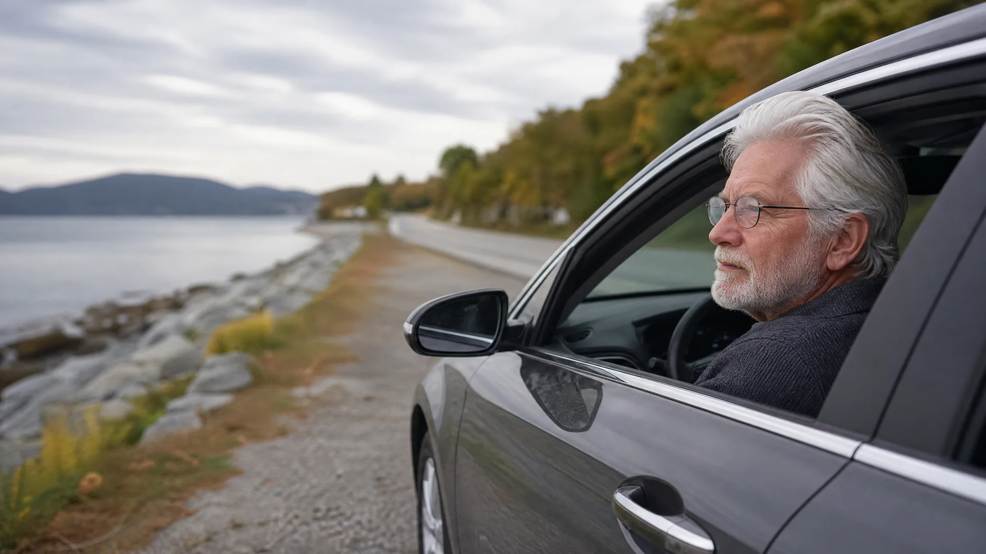 An older man with gray hair, beard and glasses looks out the open driver's window of a dark car parked beside a coastal road, with water, rocky shoreline and tree-covered hills under an overcast sky.