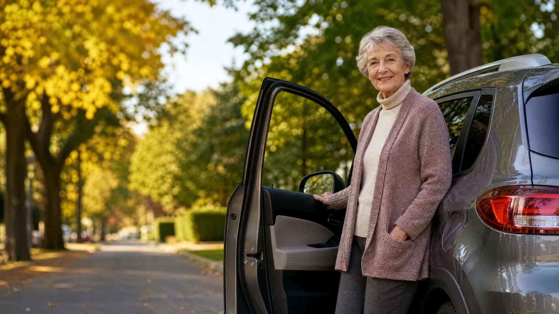 An older woman in a pink cardigan and cream turtleneck stands beside an open car door of a grey SUV on a tree-lined street with yellowing foliage.