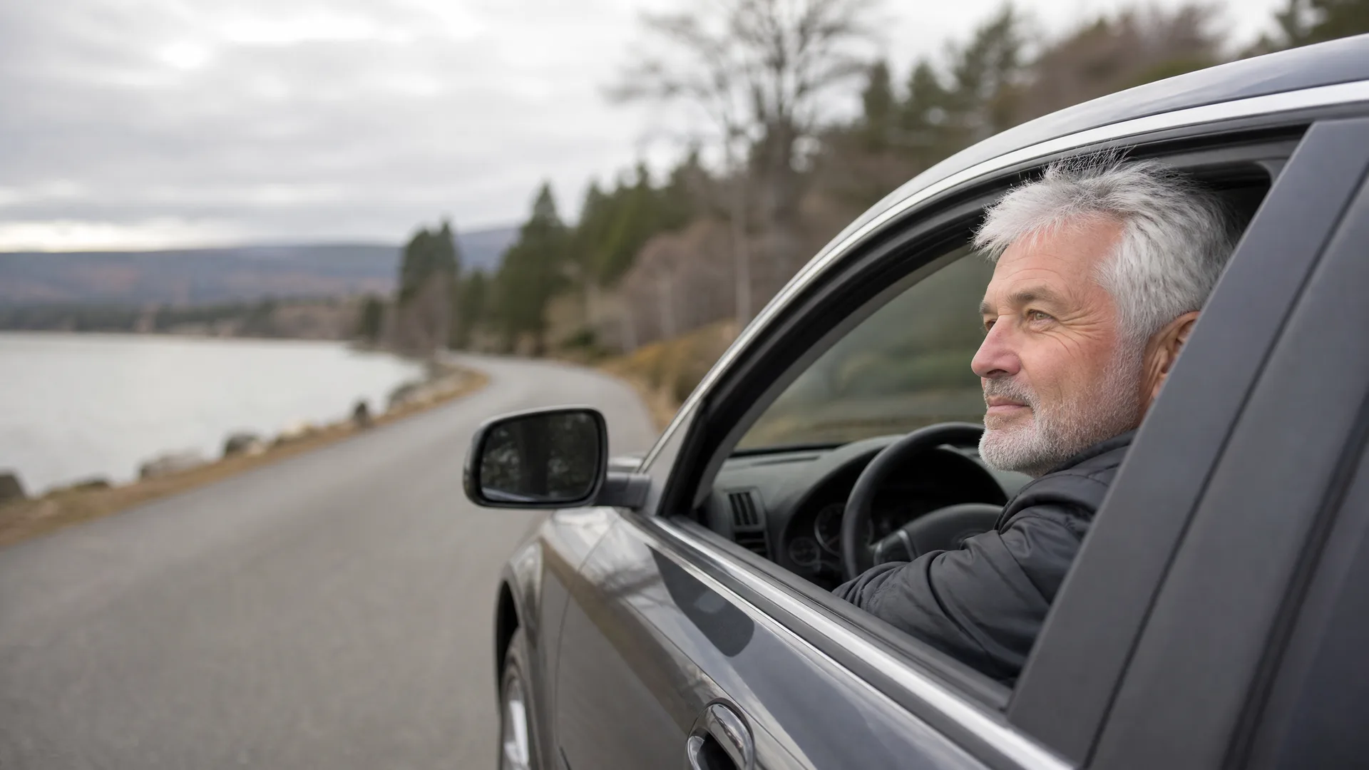 A gray-haired man in a dark jacket sits in the driver's seat of a car with the window down, parked beside a road along a body of water with conifer-covered hills under an overcast sky.
