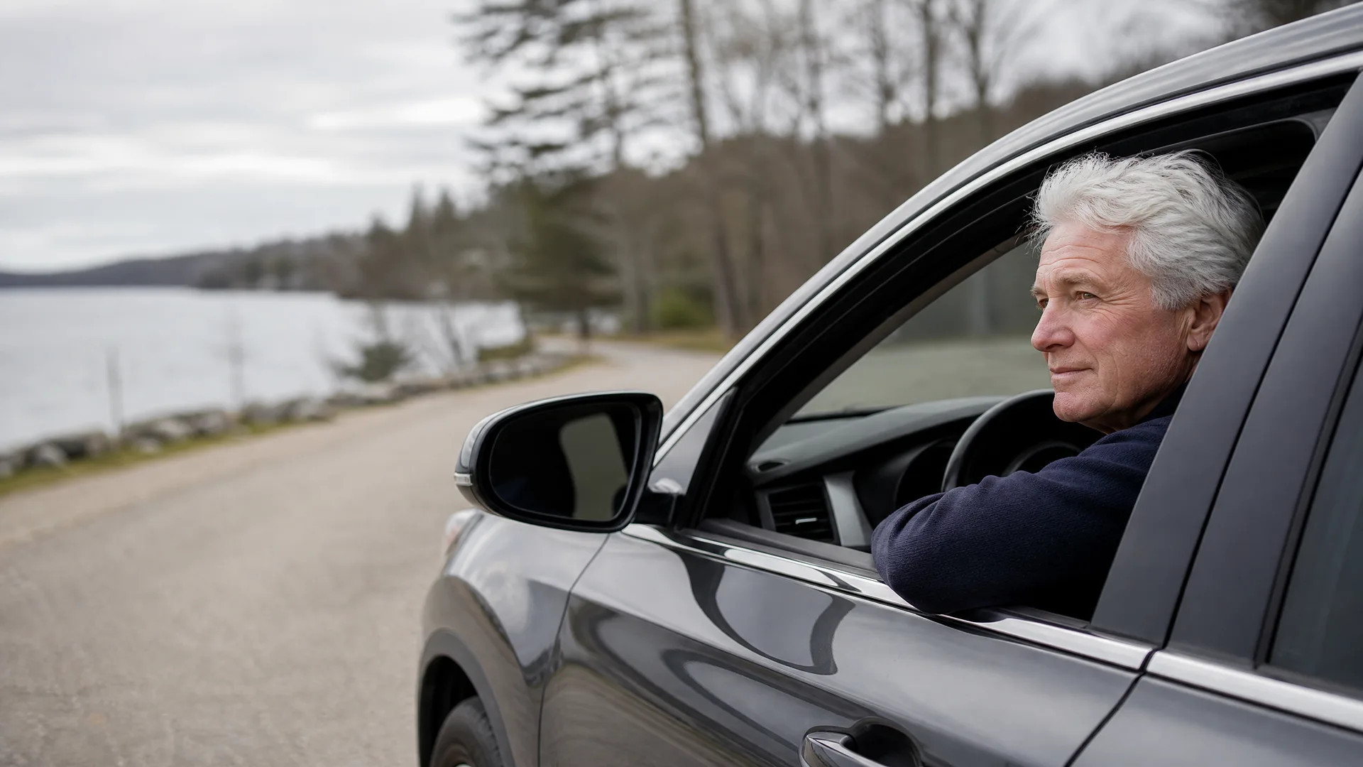 A gray-haired man leans his arm out the driver's window of a dark gray car parked on a paved road beside a lake lined with bare trees and evergreens under an overcast sky.
