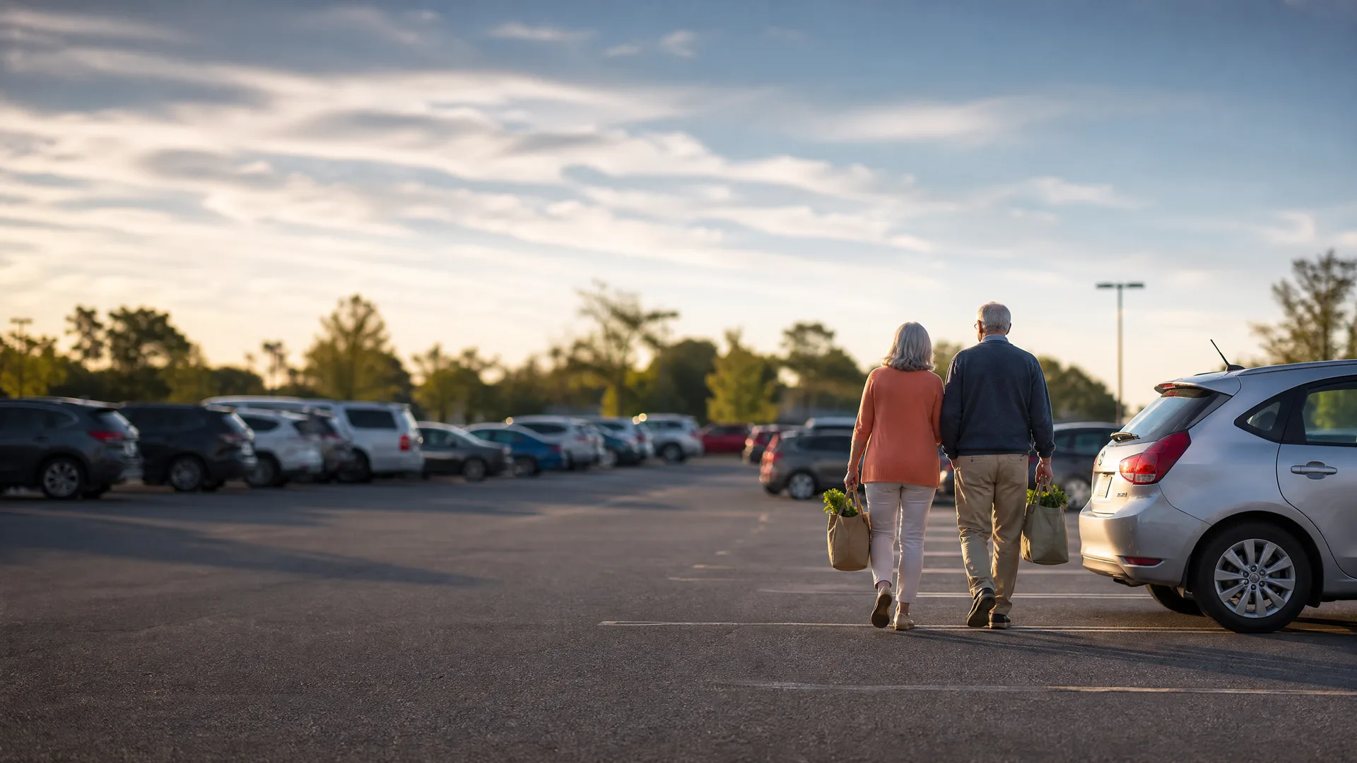 Two people walking away from the camera across a parking lot carrying paper grocery bags, with rows of parked cars and trees under a partly cloudy sky.