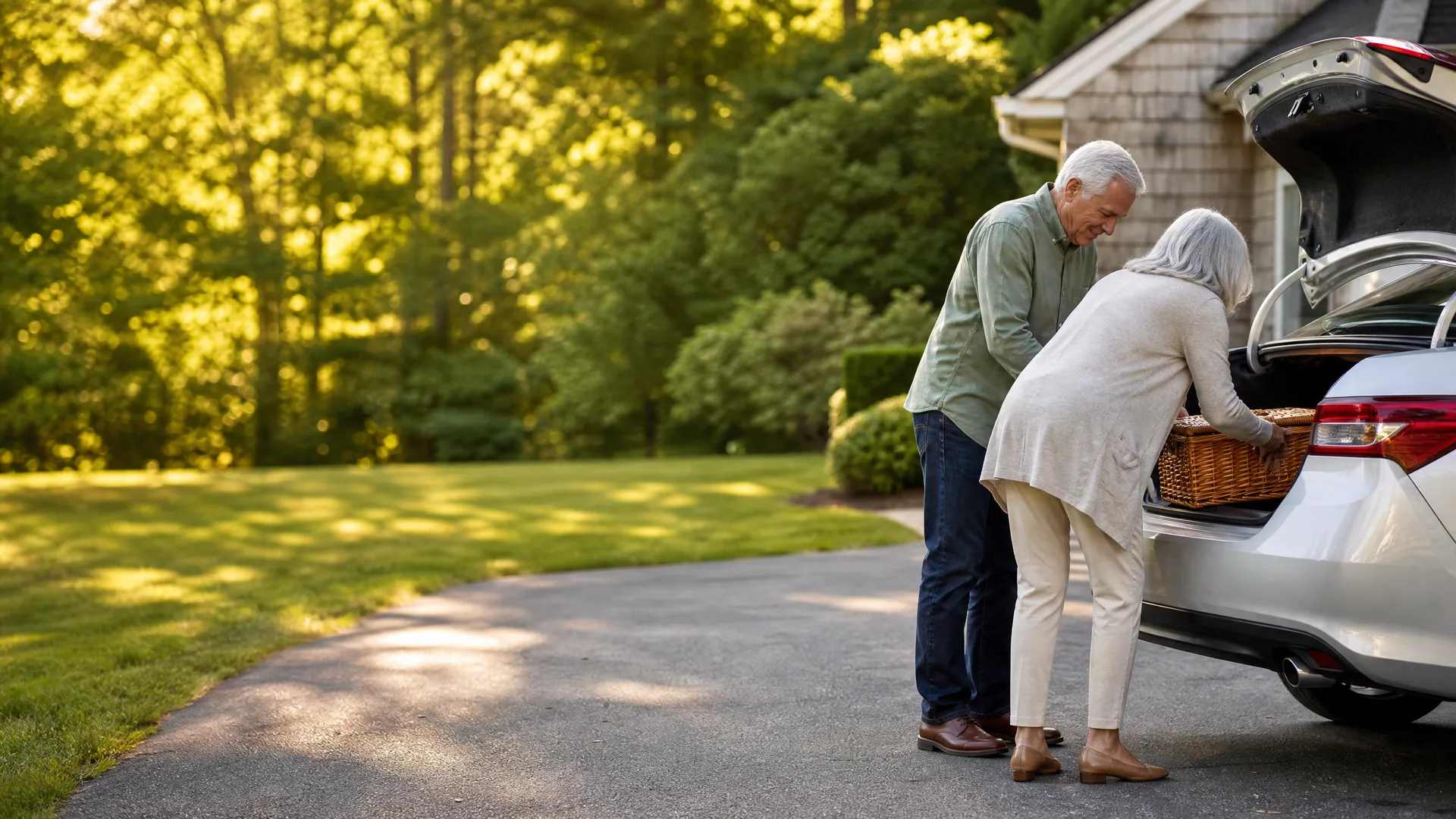An older man and woman stand at the open rear hatch of a white car in a driveway, loading a wicker basket, with a shingled house and green trees behind them.