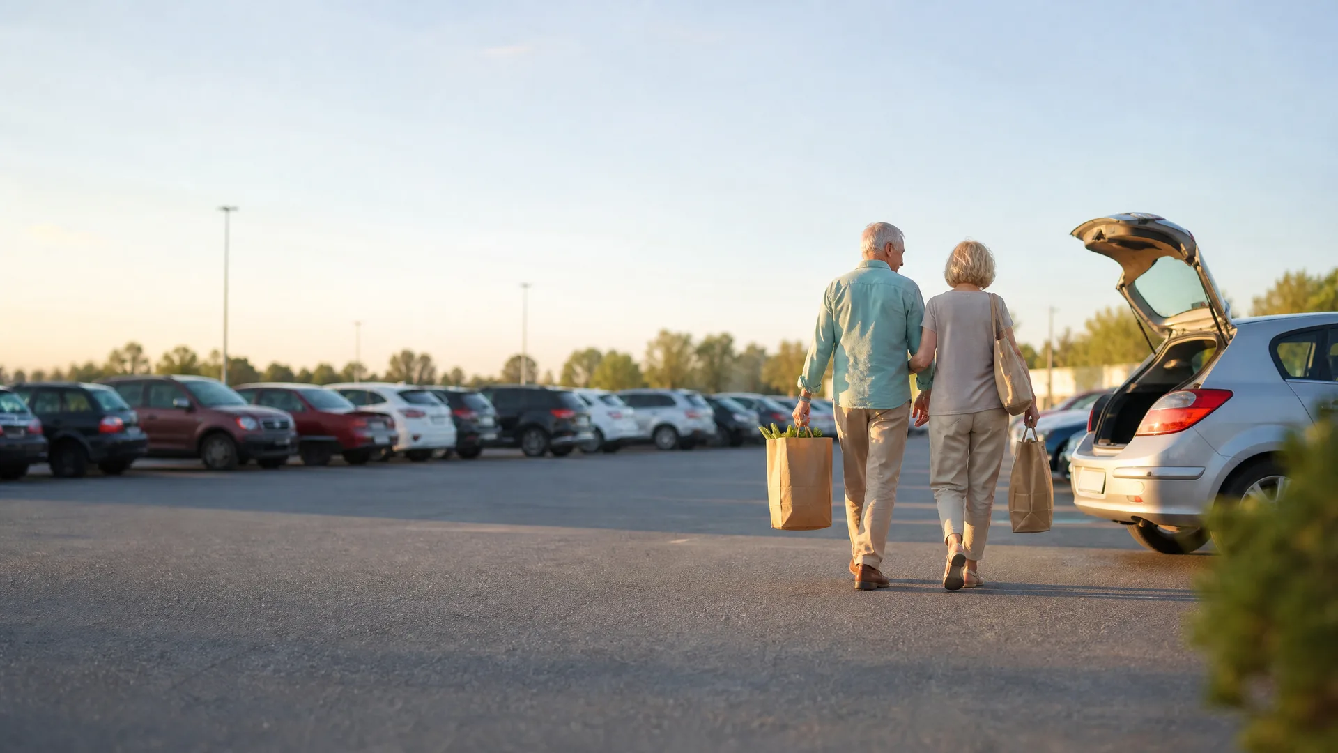 An older man and woman walk away from the camera across a parking lot carrying paper grocery bags, with rows of parked cars on the left and a silver hatchback with its tailgate open on the right.