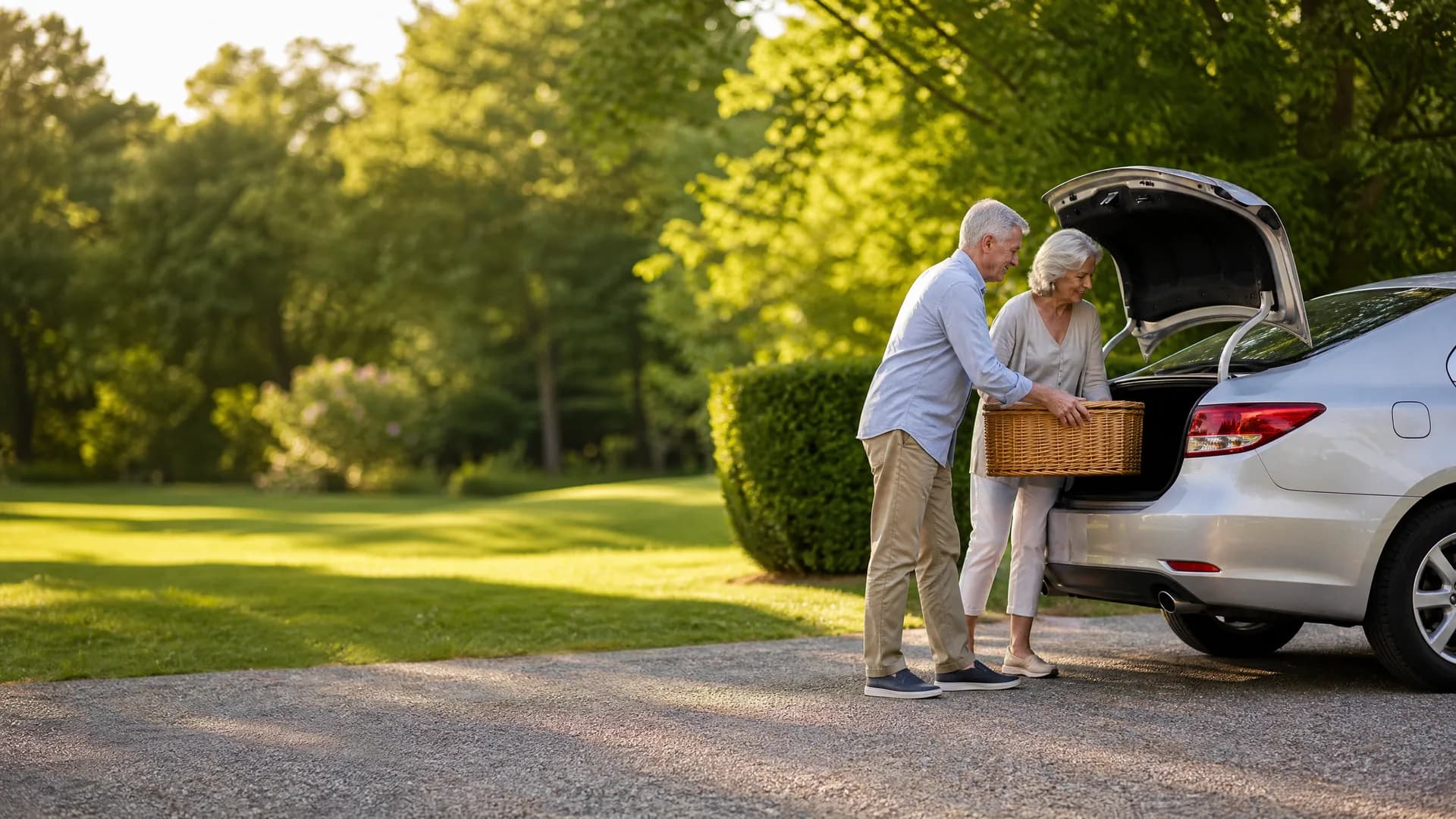 An older man and woman load a wicker basket into the open trunk of a silver car parked on a gravel driveway beside a lawn and green trees.