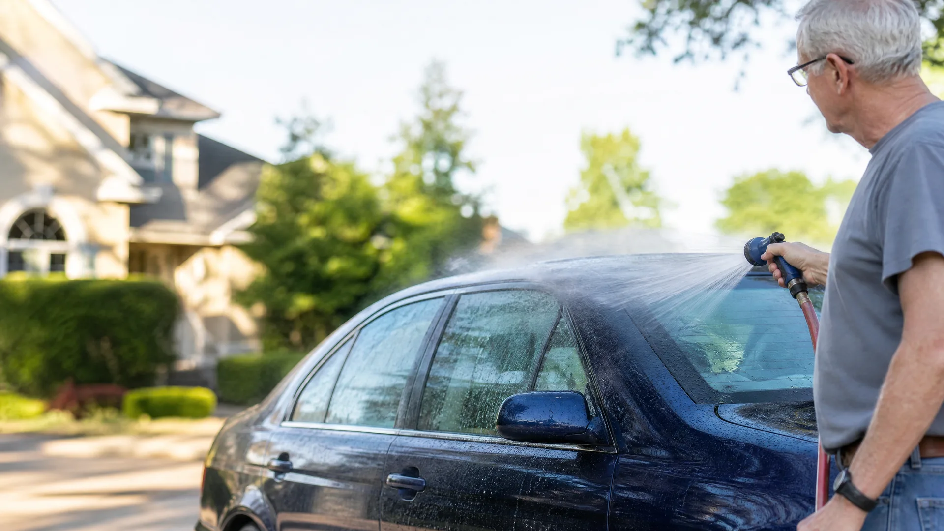 An older man in a gray shirt sprays water from a hose nozzle onto a dark blue sedan parked outside, with a blurred house and trees in the background.