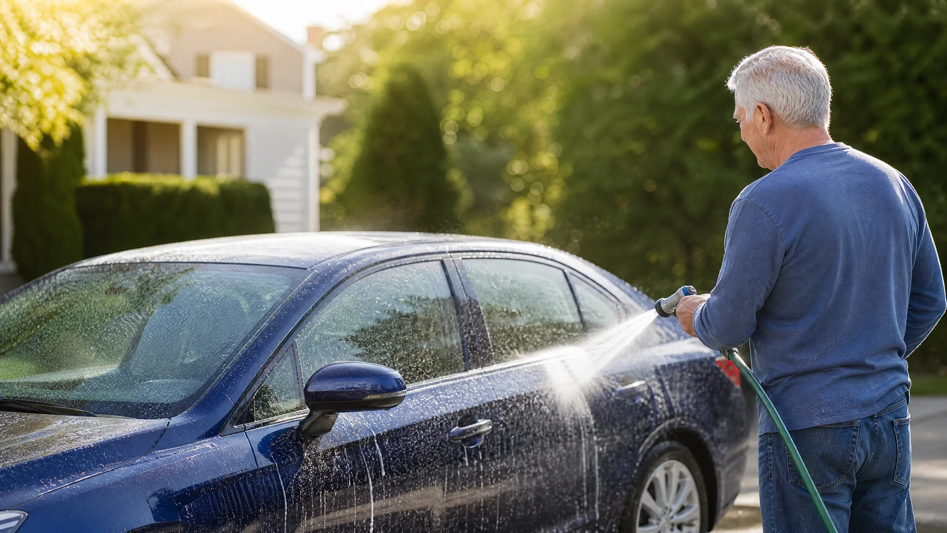 A gray-haired man in a blue long-sleeve shirt sprays water from a hose nozzle onto a dark blue sedan in a driveway, with hedges and a light-colored house behind.