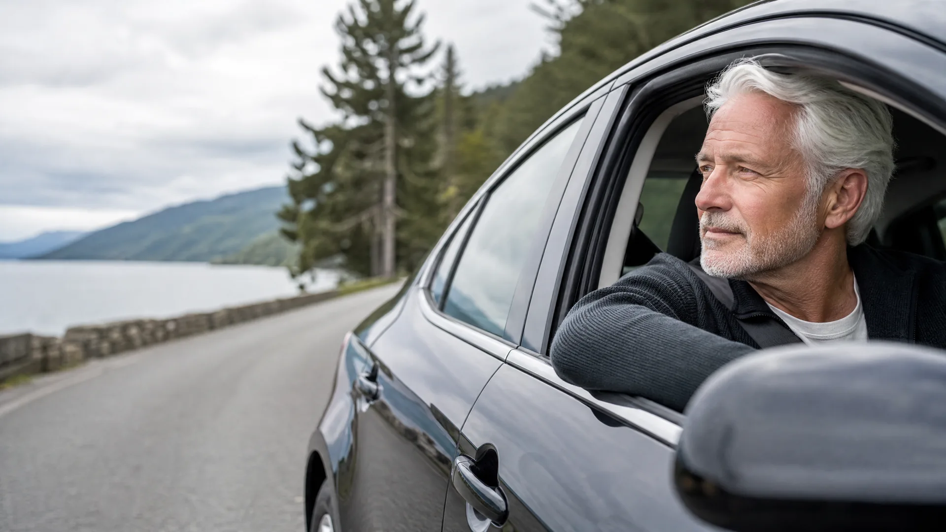 A gray-haired man rests his arm on the open window of a dark car parked on a road beside a stone wall, with water, forested hills and conifers under an overcast sky behind.