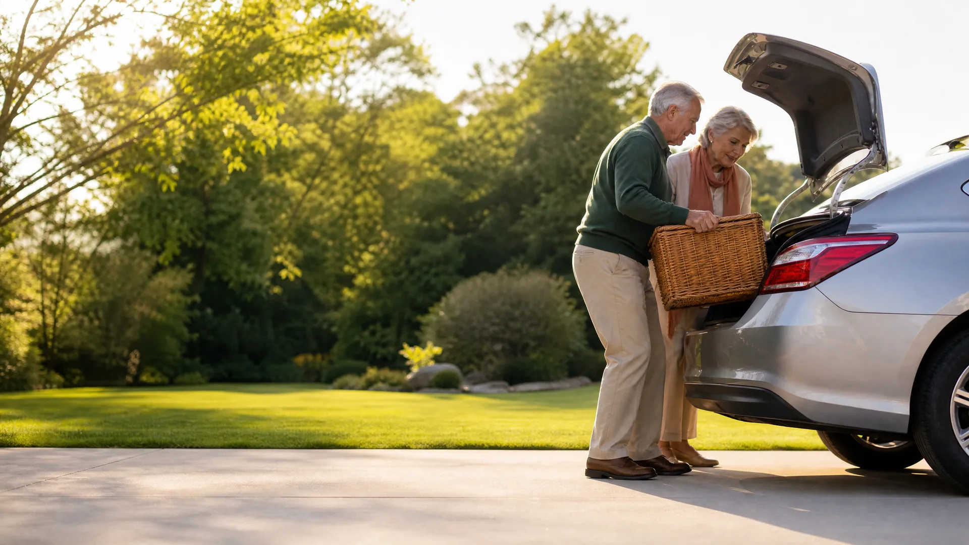 An older man and woman load a wicker basket into the open trunk of a silver sedan parked on a paved driveway beside a lawn and green trees.