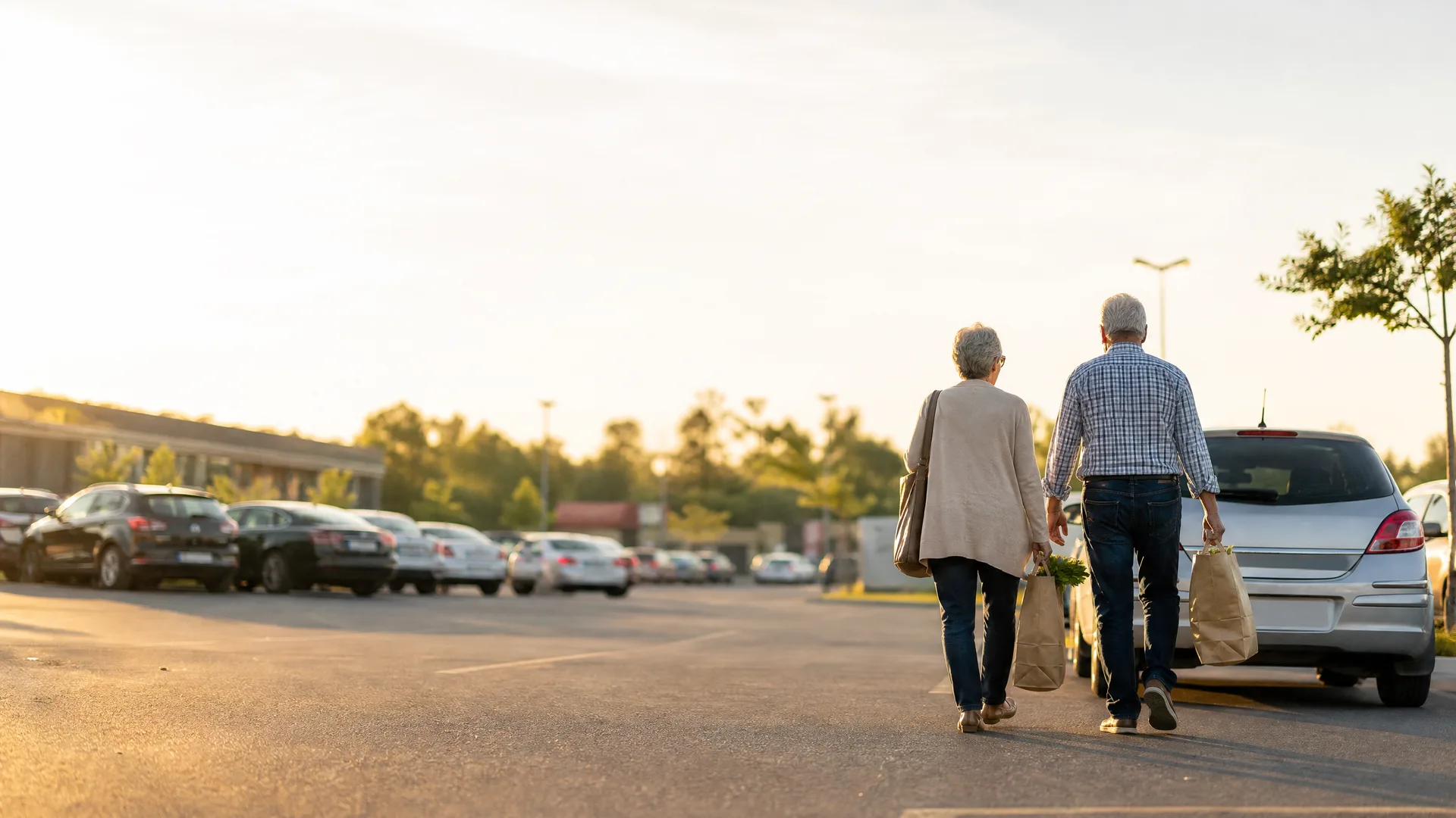 An older man and woman seen from behind walk across a parking lot carrying paper shopping bags, with rows of parked cars and trees in the background under a bright hazy sky.