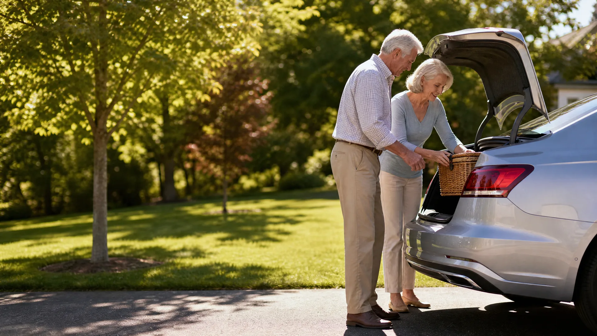 An older man and woman load a wicker basket into the open rear hatch of a silver car parked on a paved driveway beside a sunlit lawn and trees.