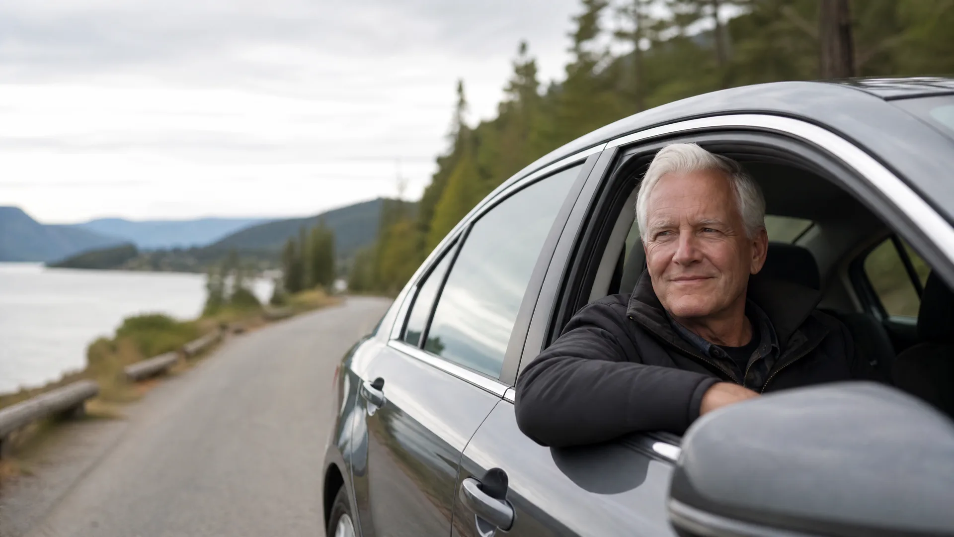 An older man with white hair leans his arm out of the open driver's window of a dark car parked on a roadside, with water, hills and conifer trees behind under an overcast sky.